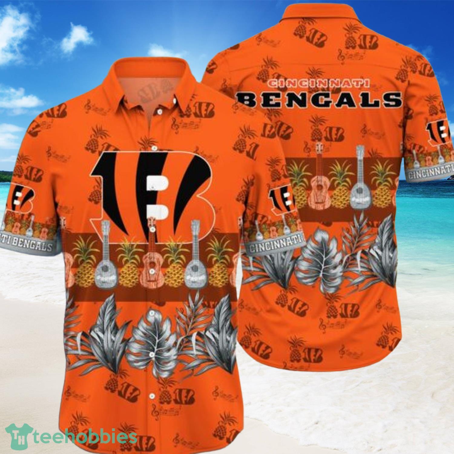 NFL Cincinnati Bengals Guitar And Pineapple Orange Short Sleeves Hawaiian Shirt-PhotoRoom Product Photo 1