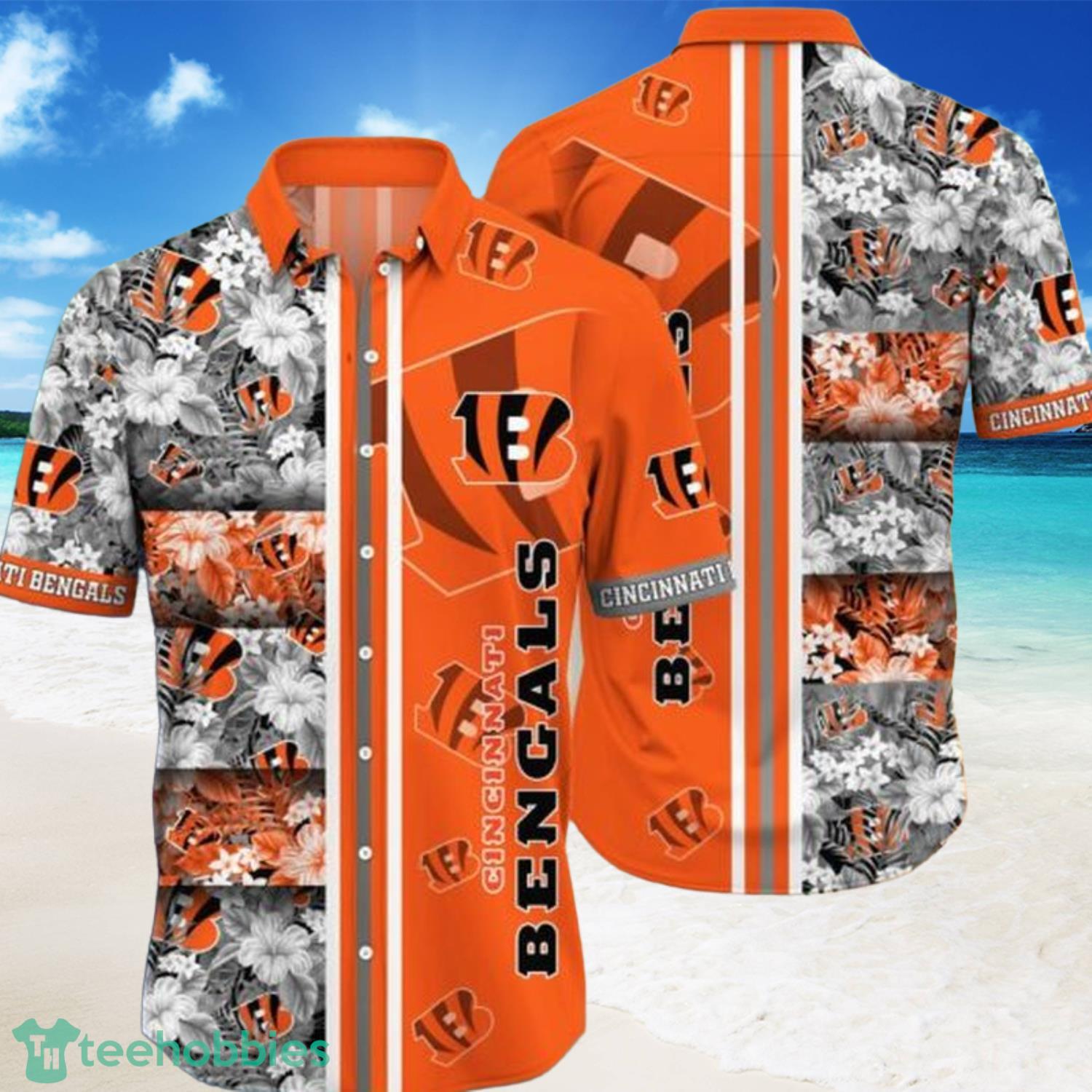 NFL Cincinnati Bengals Tropical Pattern Orange Full Print Hawaiian Shirt-PhotoRoom Product Photo 1