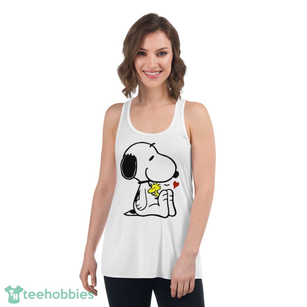 Snoopy and Woodstock Love Heart Valentines Day Shirt - Womens Flowy Racerback Tank
