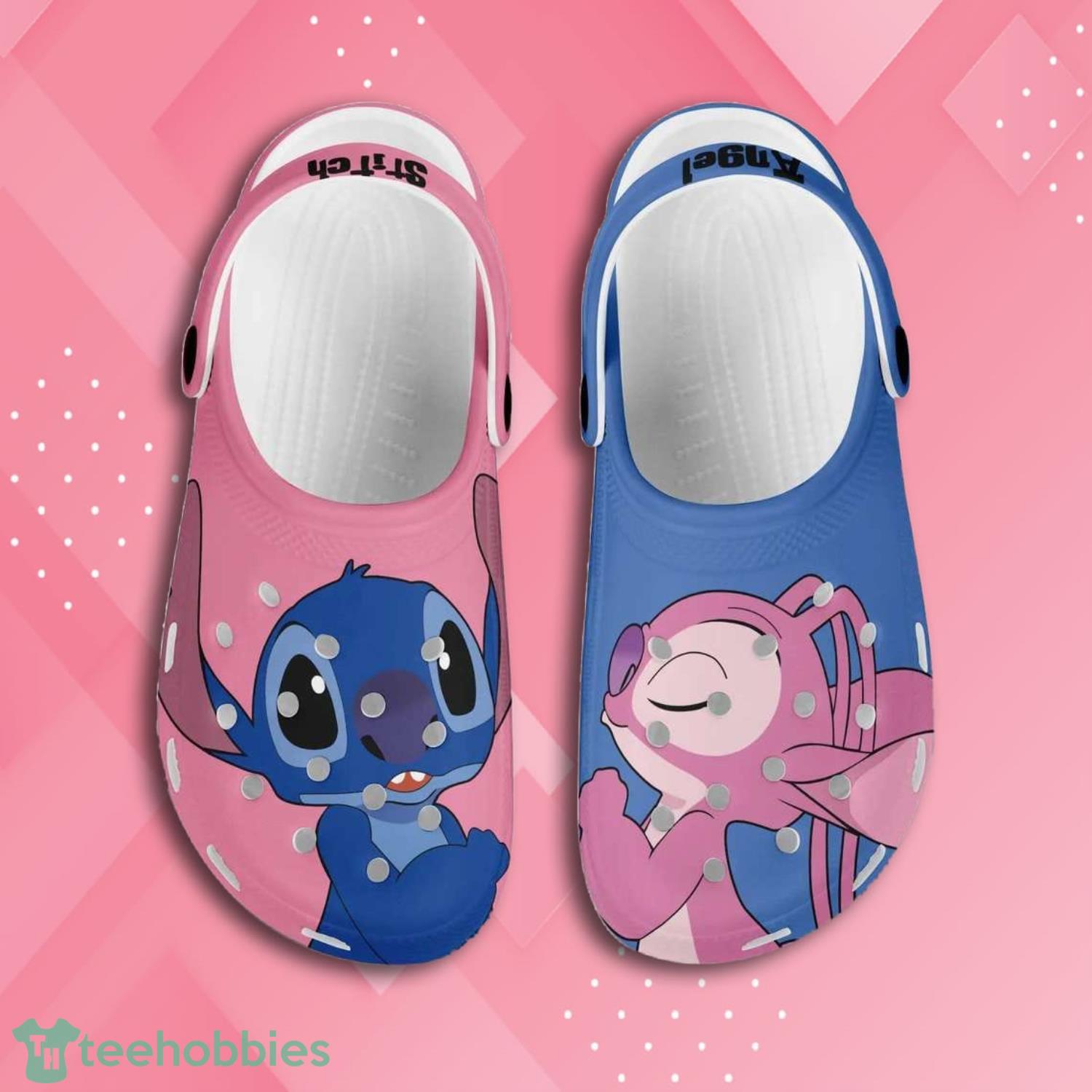 Stitch Angel Kissing Full Print Pink Blue Disney Clog Shoes Product Photo 1