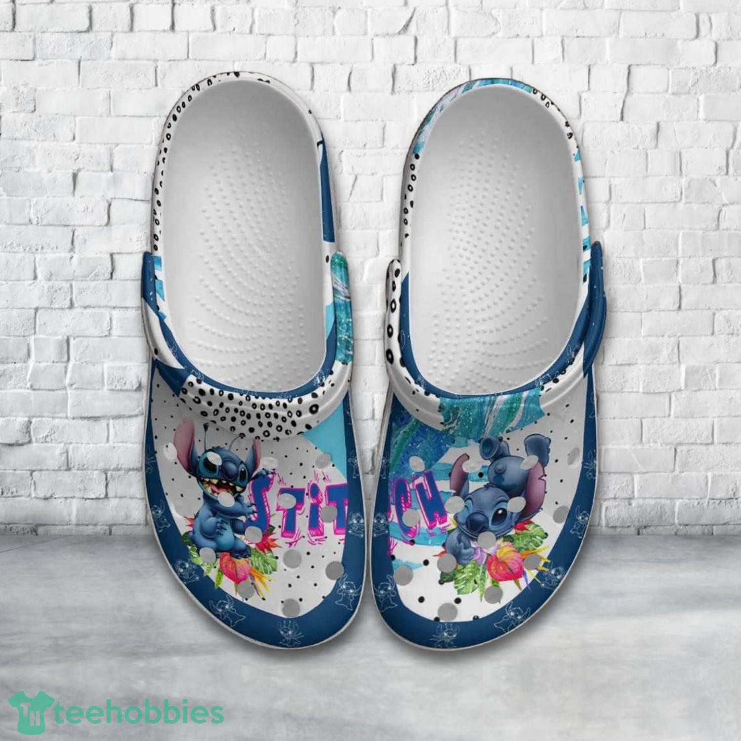 Stitch Floral Blue White Disney Clog Shoes Product Photo 1