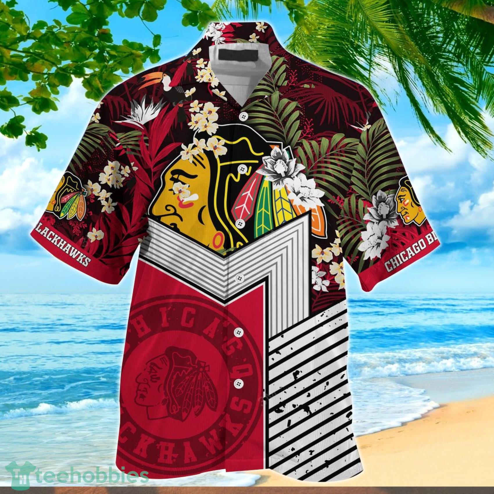 Chicago Blackhawks NHL Flower Tropical Hawaiian Shirt And Short image Chicago Blackhawks NHL Flower Tropical Hawaiian Shirt And Short Product Photo 2