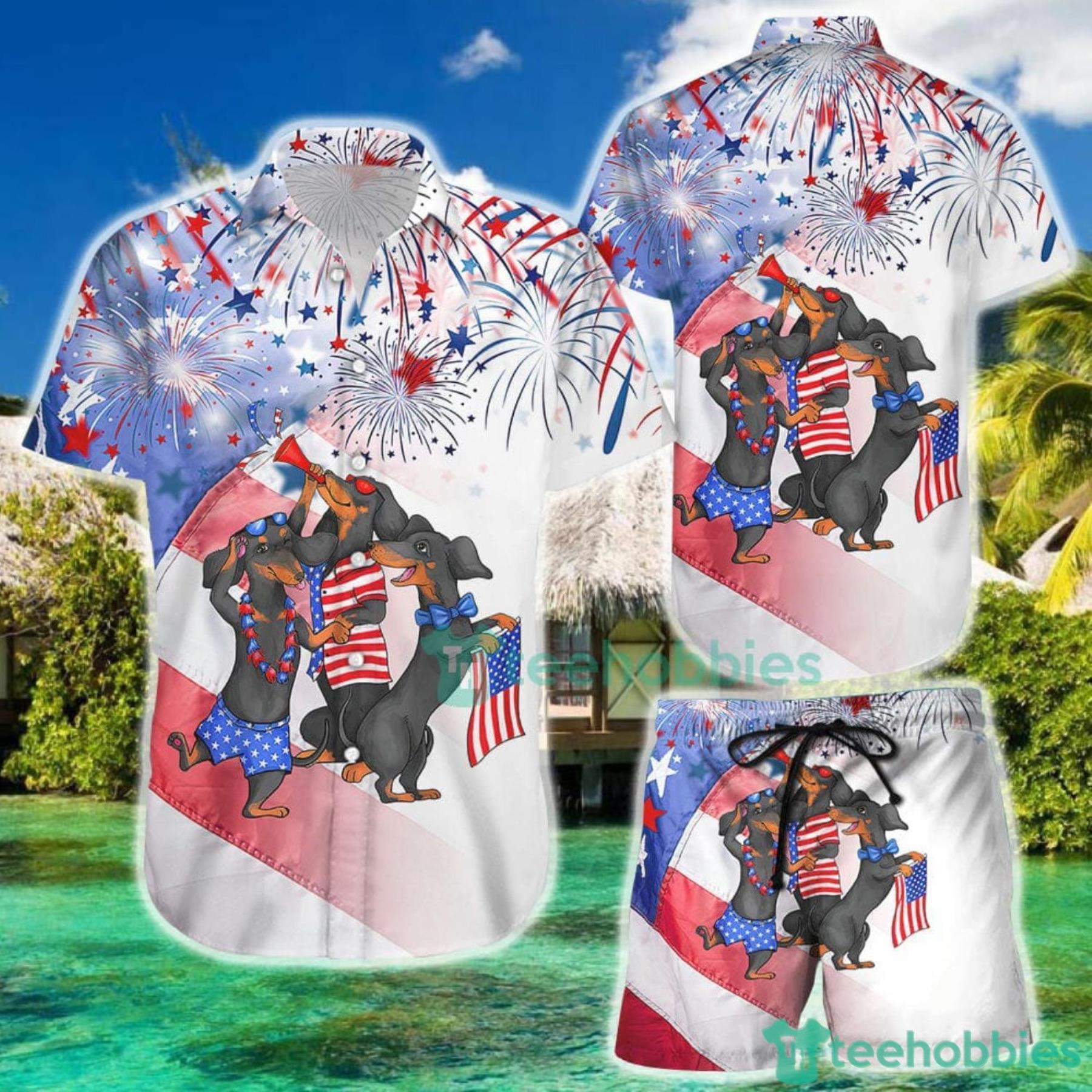 Dachshund 4Th Of July Shirt Black Dachshund With Firework 4th Of July Day Hawaiian Shirt And Short Product Photo 1