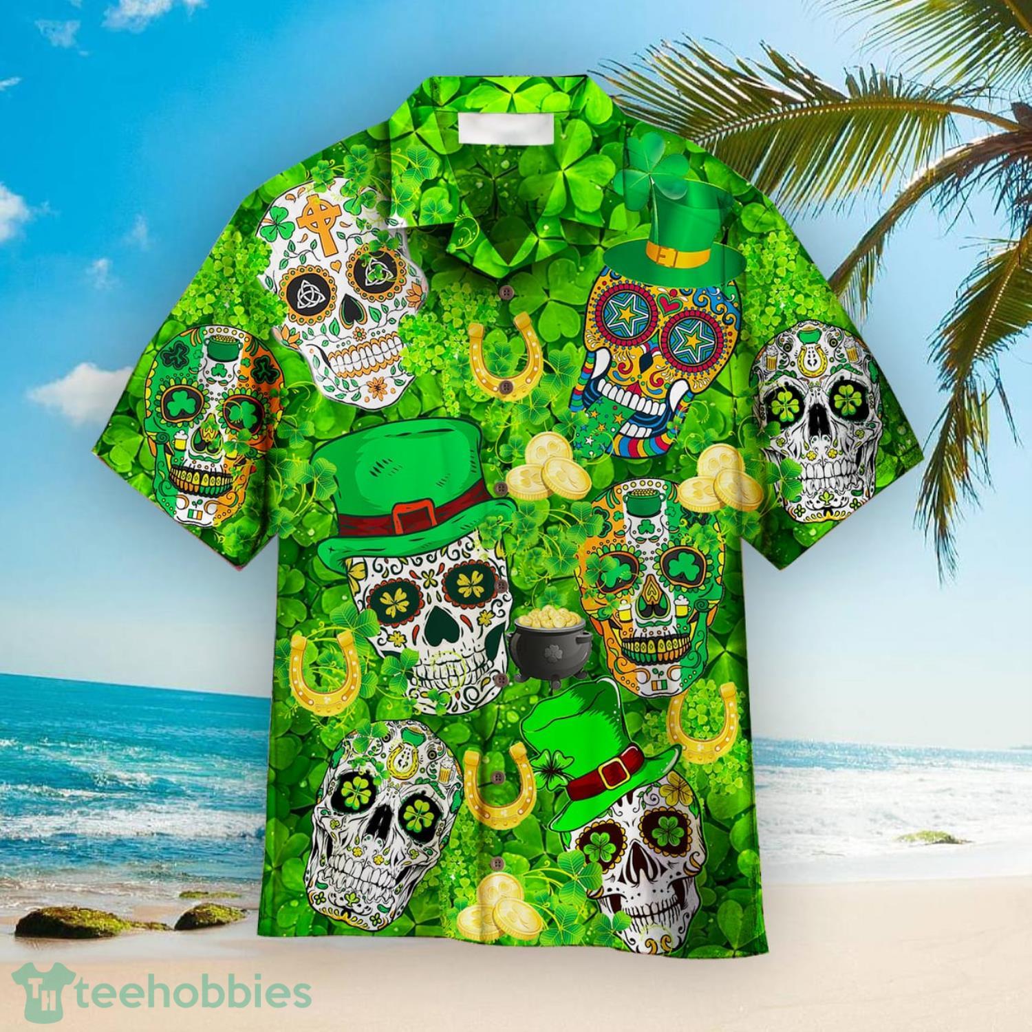 Green Sugar Skull St Patricks Day Aloha Hawaiian Shirts Product Photo 1
