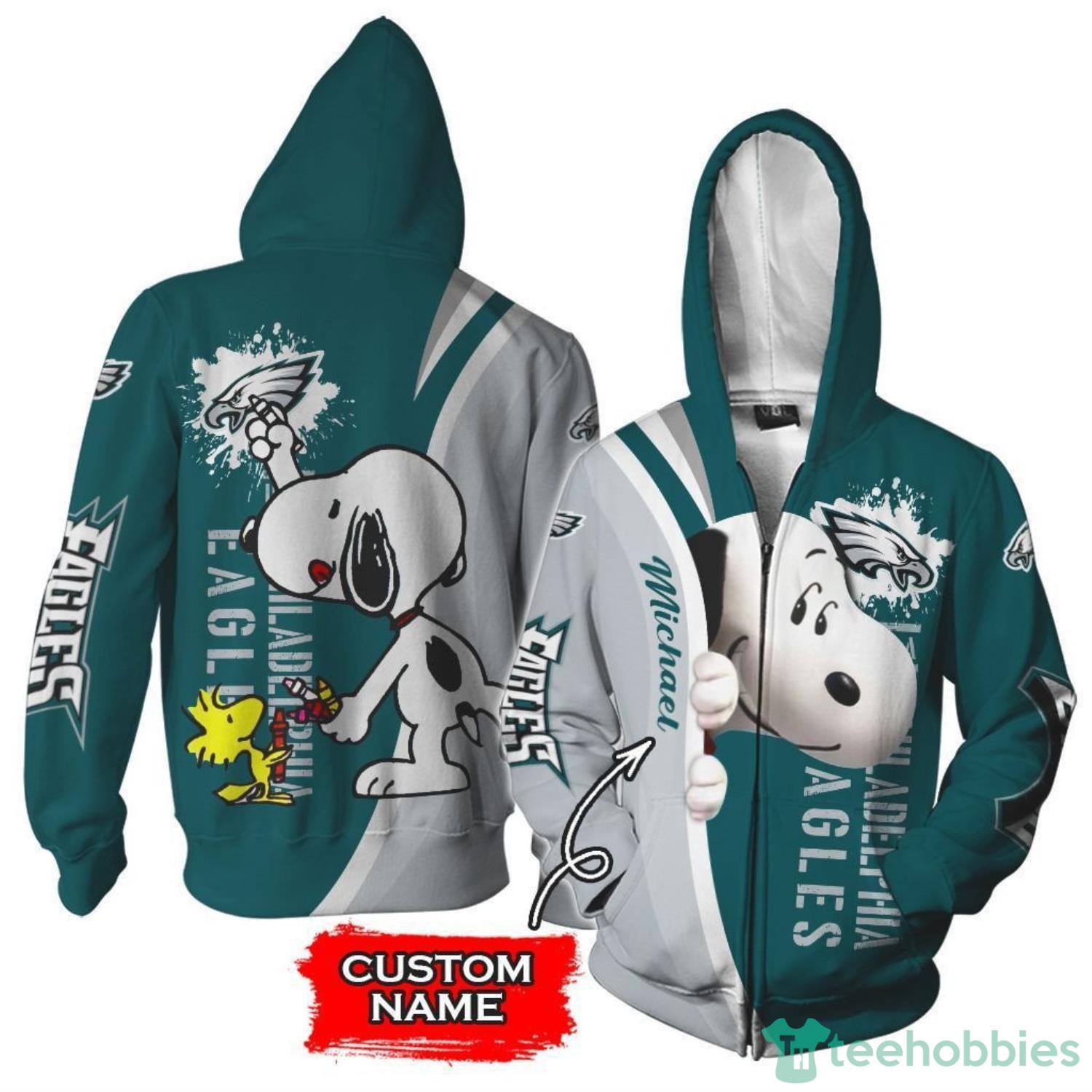 Philadelphia Eagles Snoopy Custom Name 3D Hoodie Zip Hoodie Product Photo 1