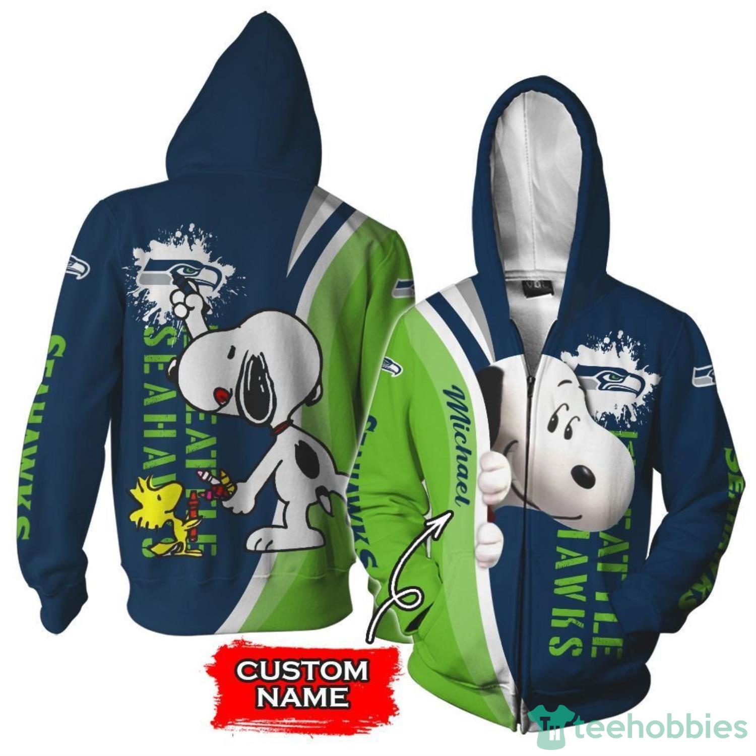 Seattle Seahawks Snoopy Custom Name 3D Hoodie Zip Hoodie Product Photo 1