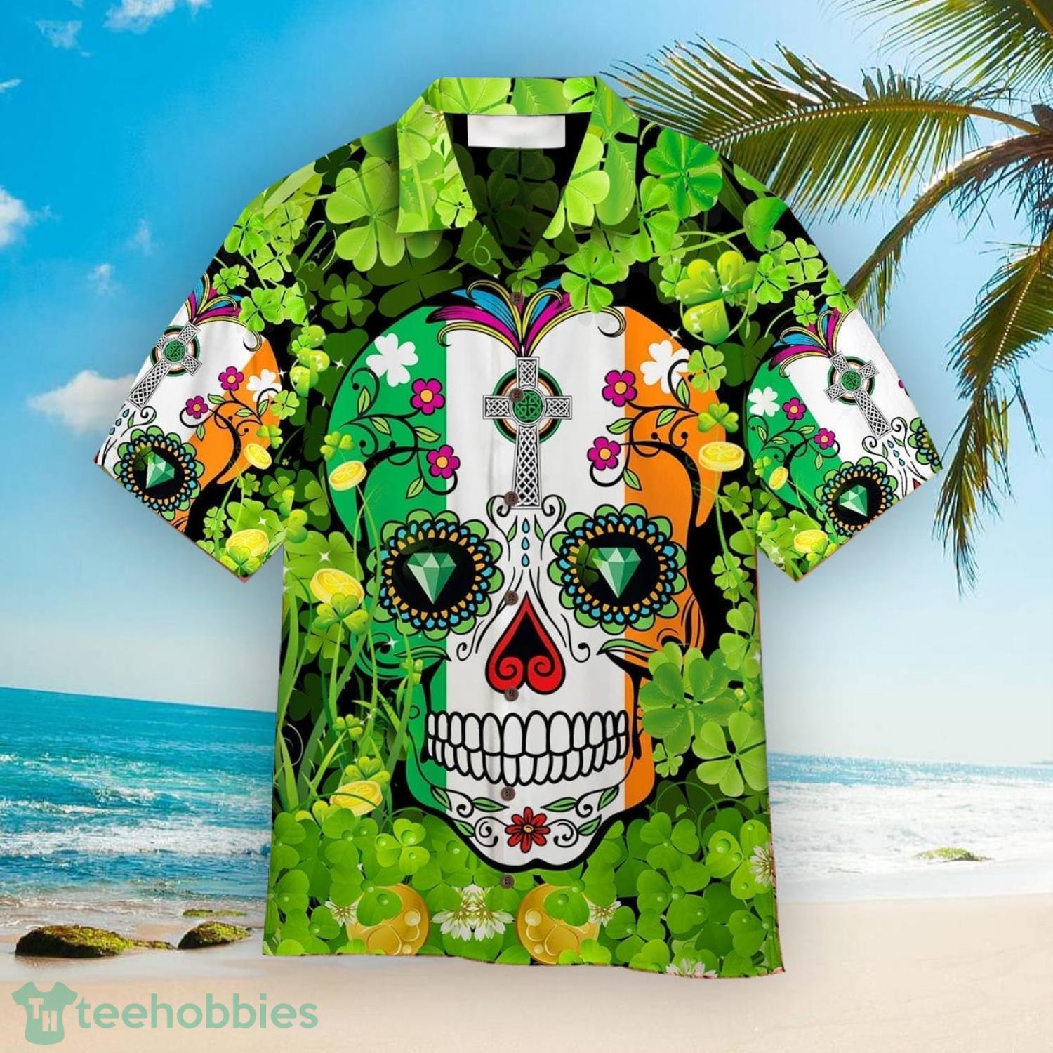 Sugar Skull Saint St Patricks Day Aloha Colorful Hawaiian Shirts Product Photo 1