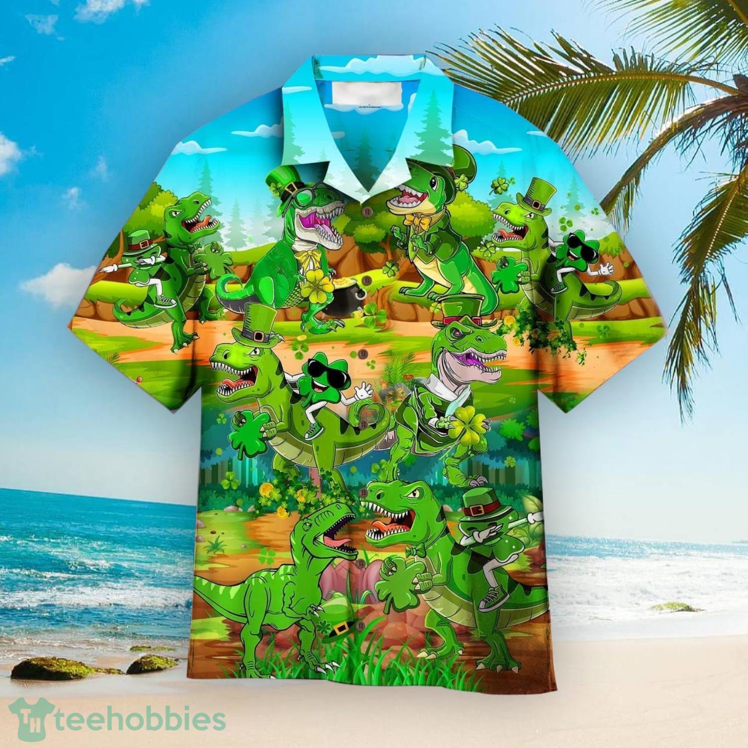 T-rex Happy Patricks Day Aloha Aloha Hawaiian Shirts Product Photo 1