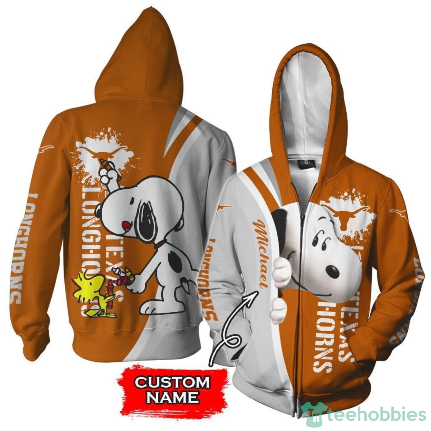 Texas Longhorns Snoopy Custom Name 3D Hoodie Zip Hoodie Product Photo 1