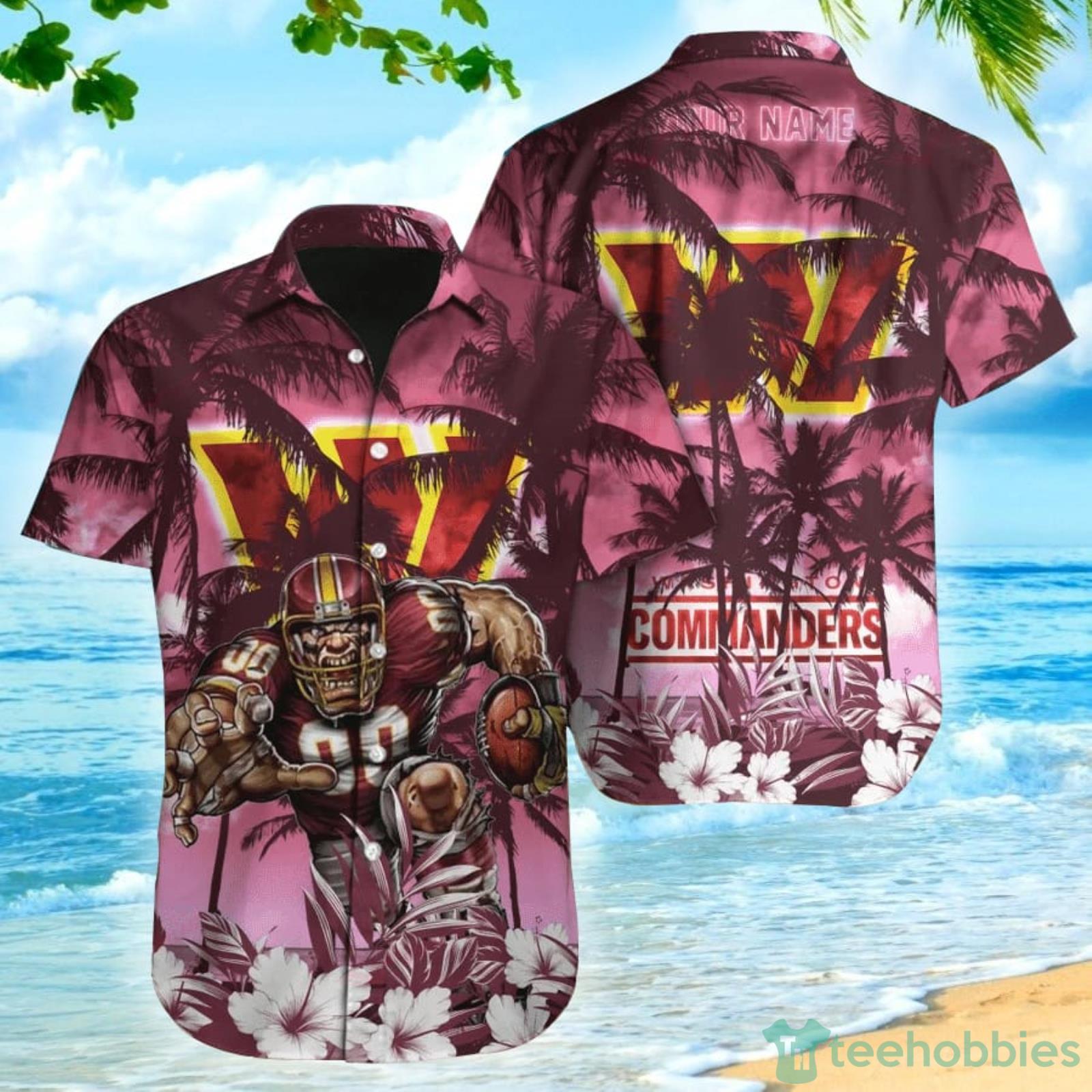 Washington Commanders NFL Coconut Flower Pattern Custom Name Hawaiian Shirt Product Photo 1