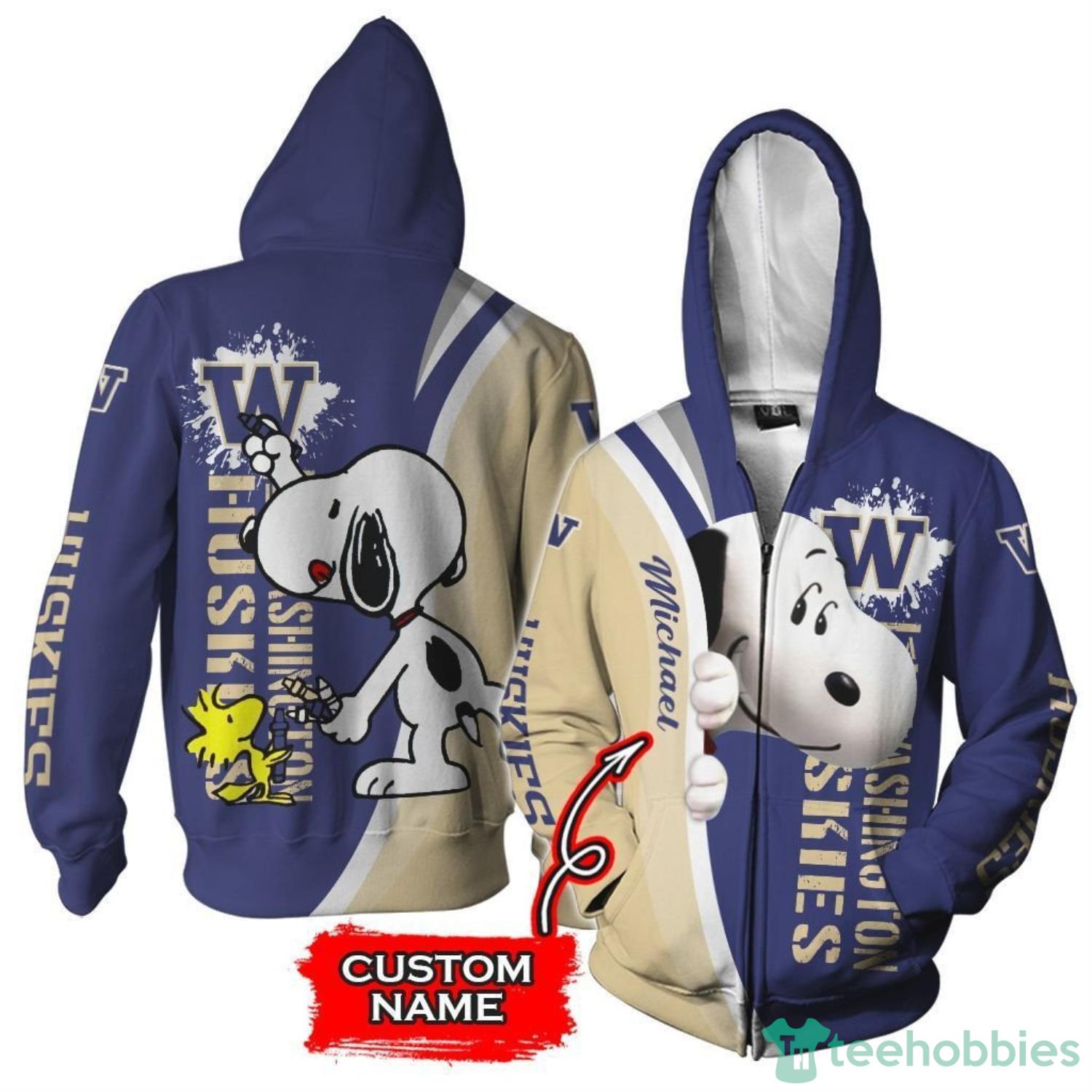 Washington Huskies Snoopy Custom Name 3D Hoodie Zip Hoodie Product Photo 1