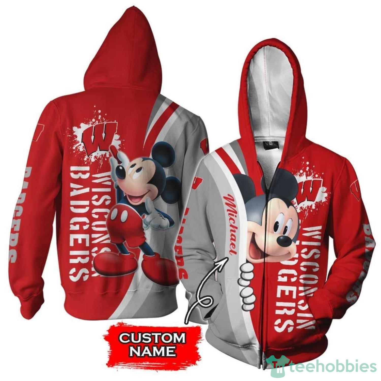 Wisconsin Badgers Mickey Mouse Custom Name 3D Hoodie Zip Hoodie Product Photo 1