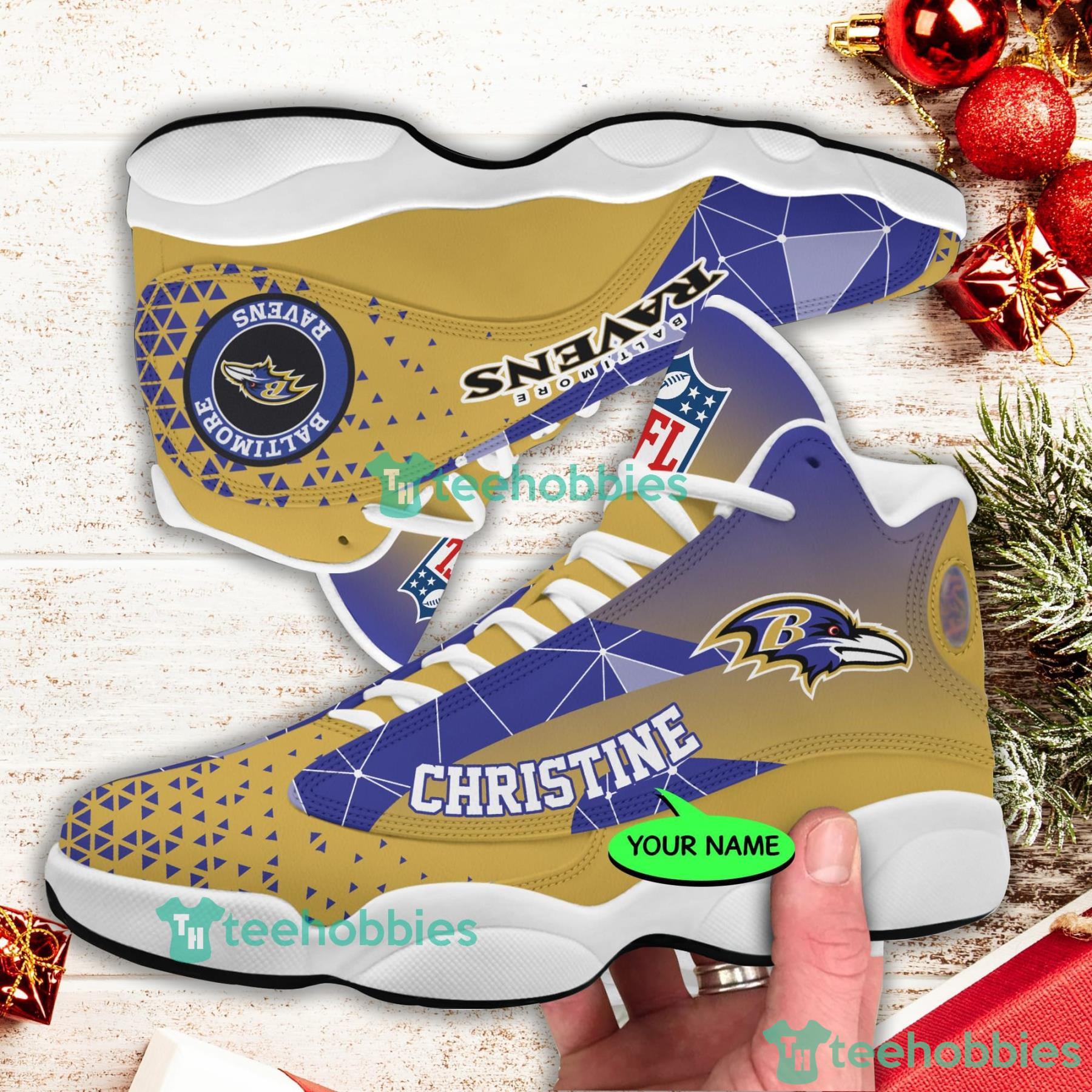 Custom Name Baltimore Ravens Nfl Fans Triangle Pattern Air Jordan 13 Shoes Product Photo 1