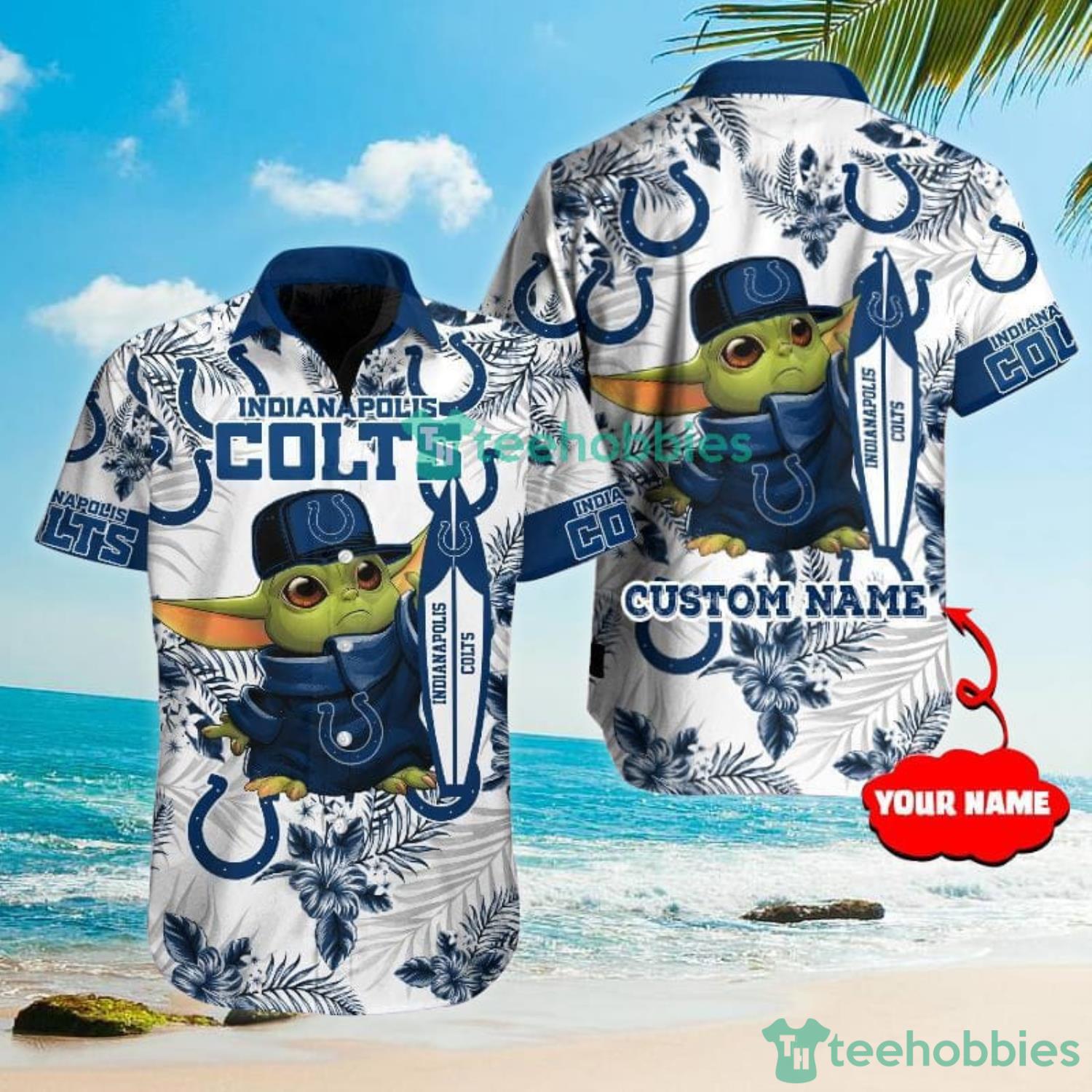 Custom Name Indianapolis Colts NFL Team Baby Yoda Lover Hawaiian Shirt For Men And Women Product Photo 1