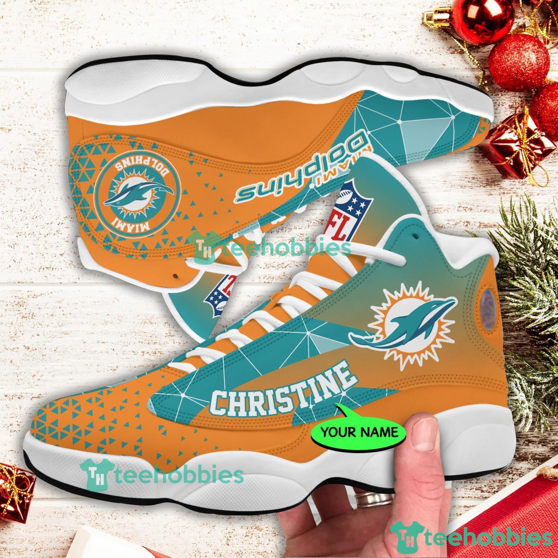 Custom Name Miami Dolphins Nfl Fans Triangle Pattern Air Jordan 13 Shoes Product Photo 1 Custom Name Miami Dolphins Nfl Fans Triangle Pattern Air Jordan 13 Shoes Product Photo 1