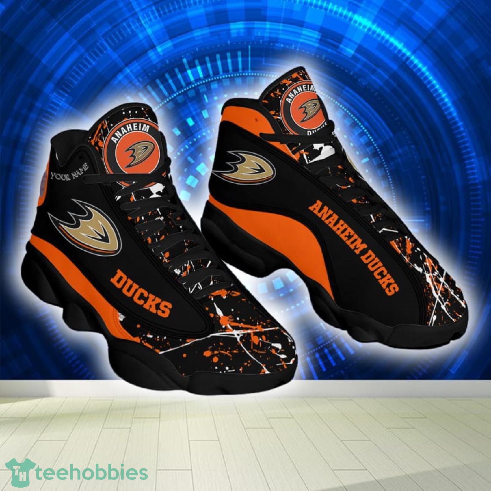 Custom Name Paint Stain NHL Anaheim Ducks Air Jordan 13 Shoes image Custom Name Paint Stain NHL Anaheim Ducks Air Jordan 13 Shoes Product Photo 2