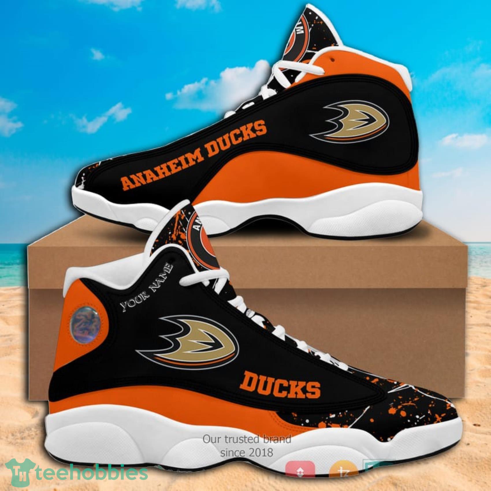 Custom Name Paint Stain NHL Anaheim Ducks Air Jordan 13 Shoes Product Photo 1 Custom Name Paint Stain NHL Anaheim Ducks Air Jordan 13 Shoes Product Photo 1