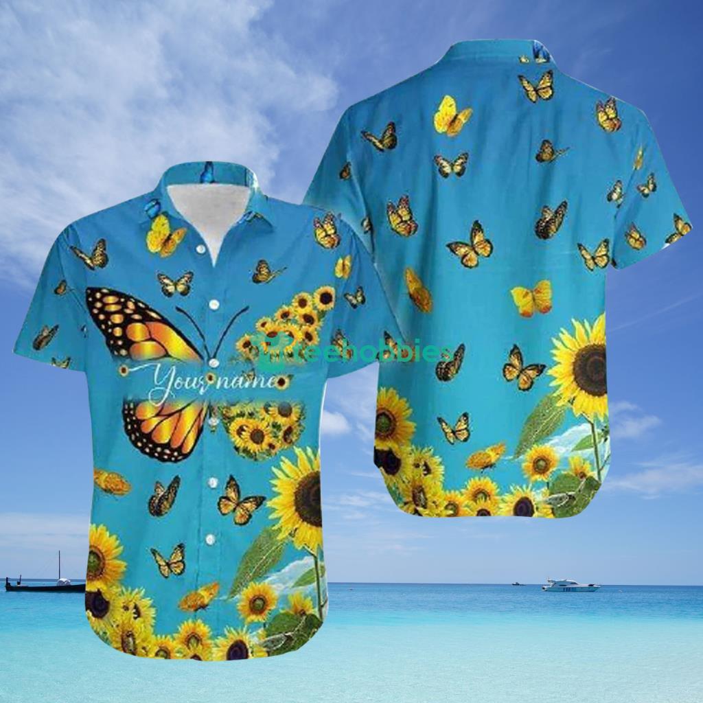 Custom Name Sunflower Butterfly Blue Shirts Hawaiian Shirt - Custom Name Sunflower Butterfly Blue Shirts Hawaiian Shirt