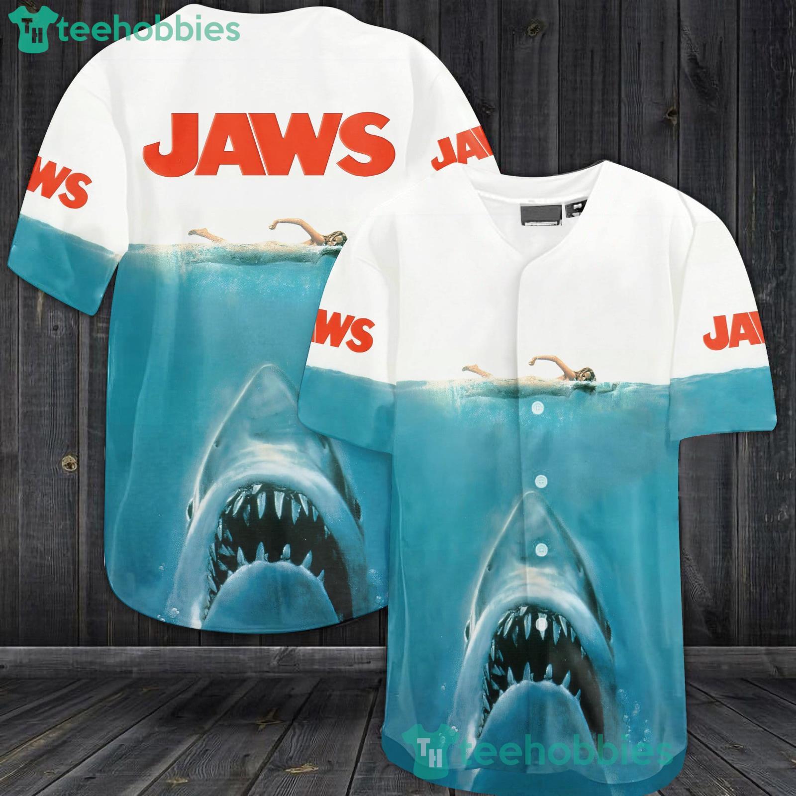 Jaws Movie All Over Print 3D Unisex Baseball Jersey Shirt - Blue White Product Photo 1 Jaws Movie All Over Print 3D Unisex Baseball Jersey Shirt - Blue White Product Photo 1