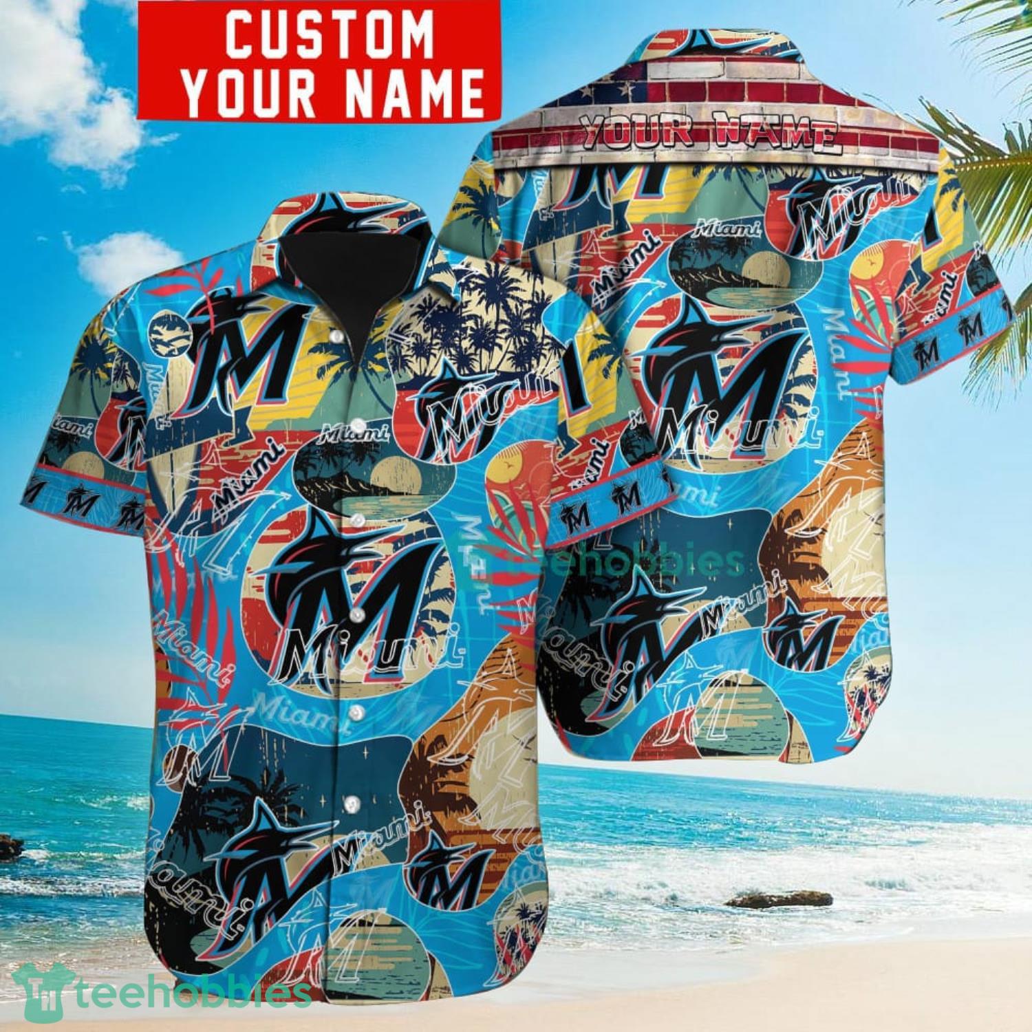 Miami Marlins MLB Sea Wave And Dolphin Custom Name Hawaiian Shirt For Fans