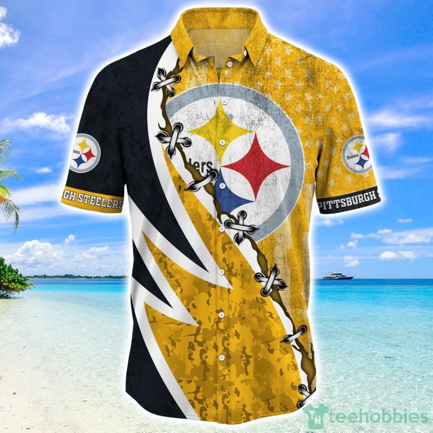 NFL Pittsburgh Steelers Camo American Flag Hawaiian Shirt And Short