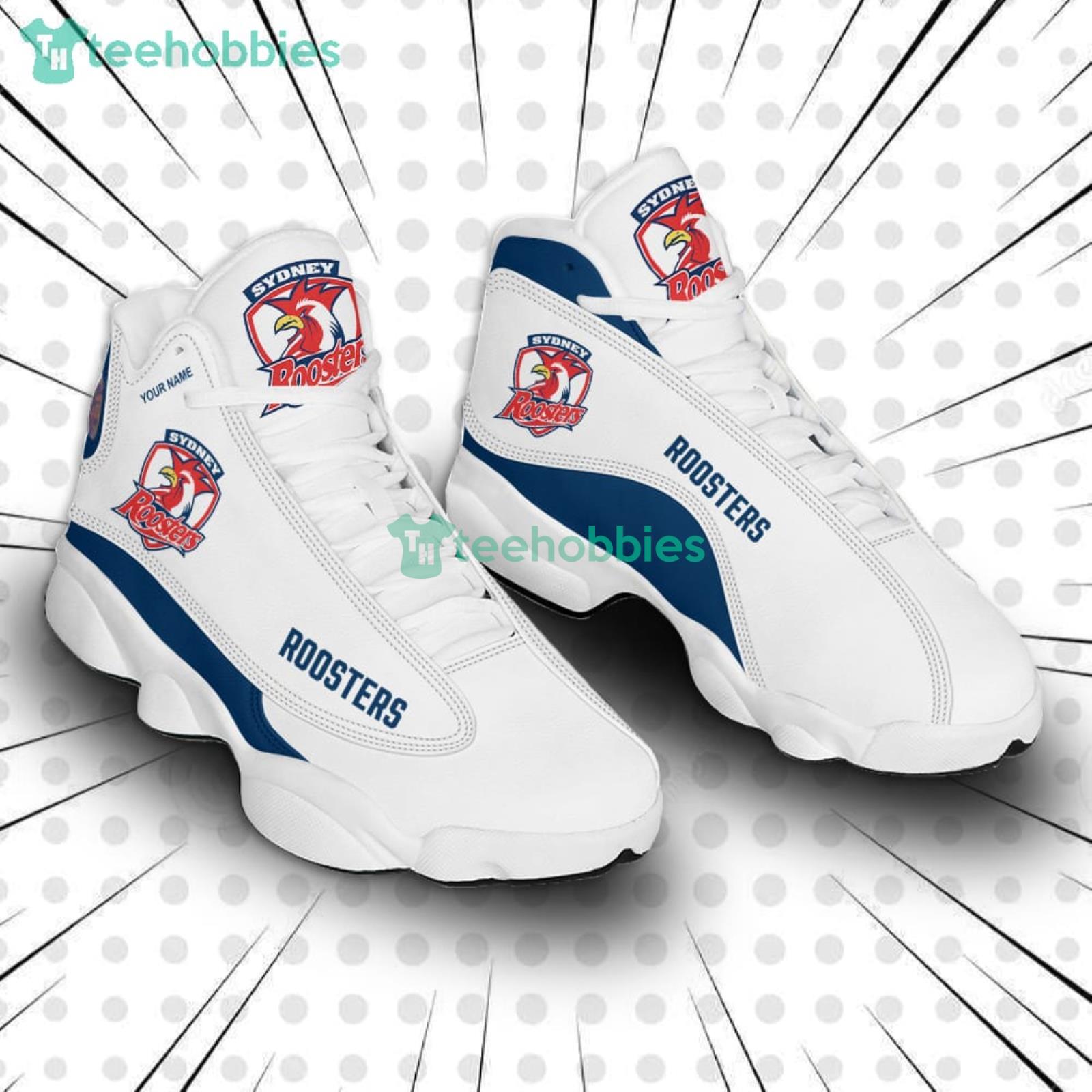 NRL Sydney Roosters Custom Name White Air Jordan 13 Sneaker Shoes For Fans Product Photo 2 NRL Sydney Roosters Custom Name White Air Jordan 13 Sneaker Shoes For Fans Product Photo 2