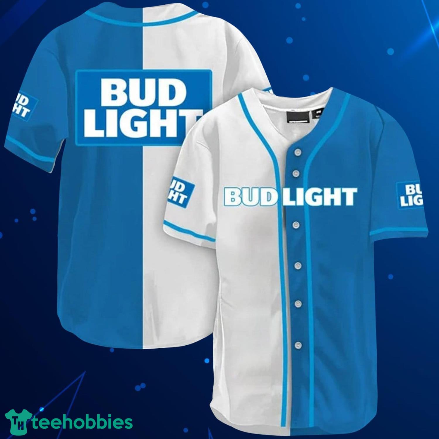 And Blue Split Bud Light Baseball Jersey Shirt Product Photo 1