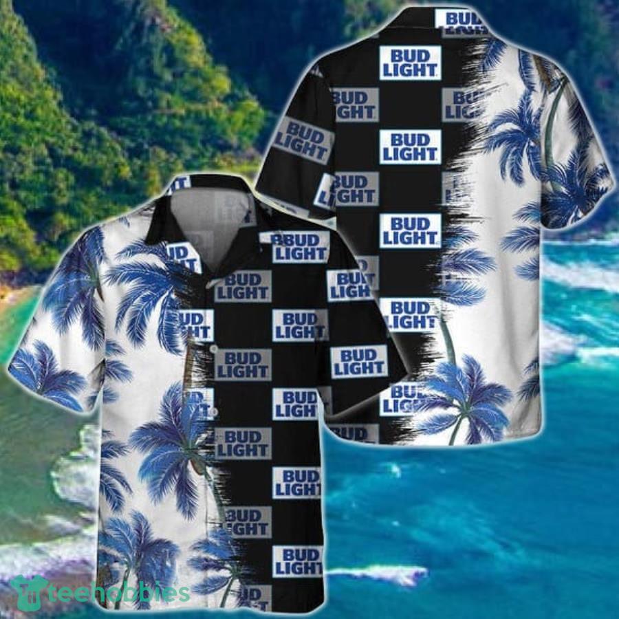 Black Bud Light Match Palm Trees Hawaiian Shirt Product Photo 1