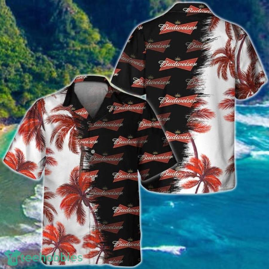 Black Budweiser Match Palm Trees Hawaiian Shirt Product Photo 1