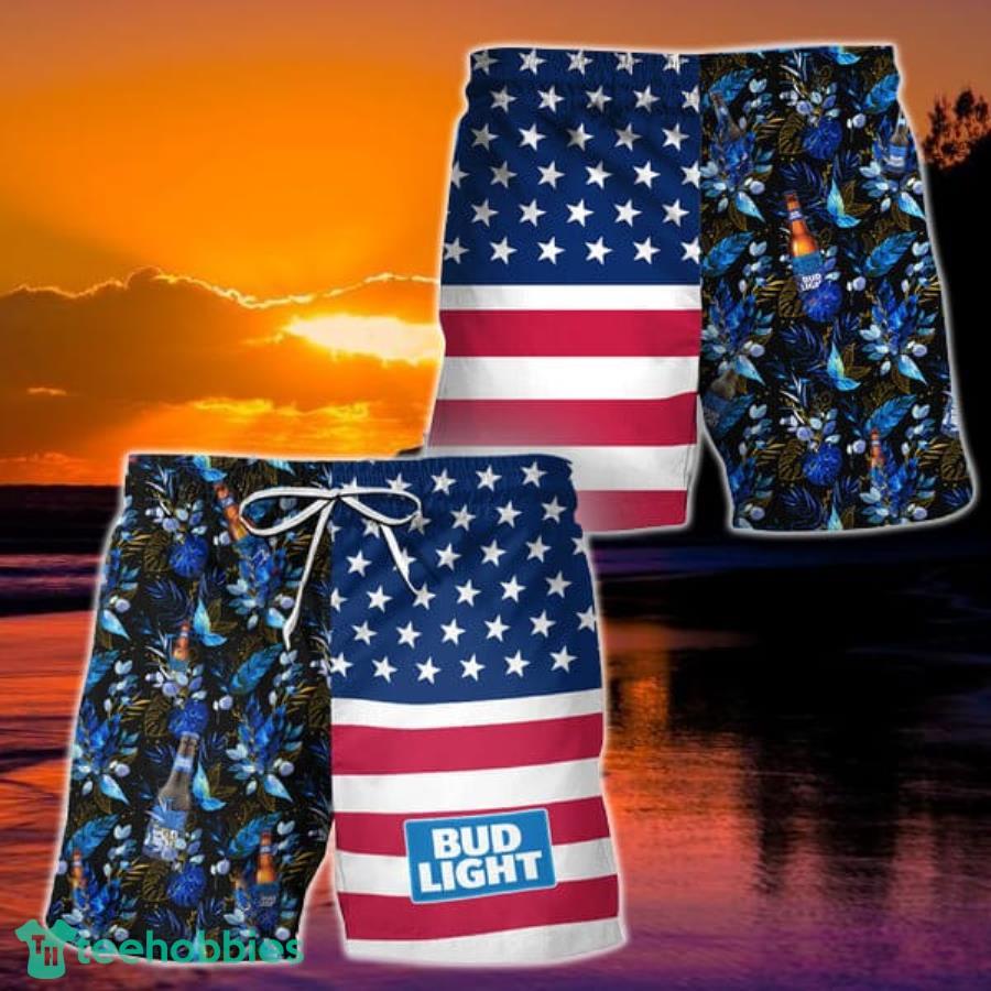 Bud Light Flower American Flag Hawaiian Shorts Product Photo 1