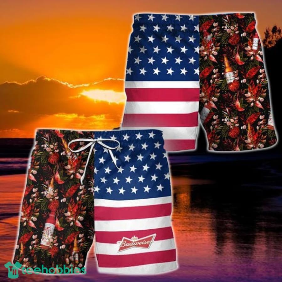 Budweiser Flower American Flag Hawaiian Shorts Product Photo 1