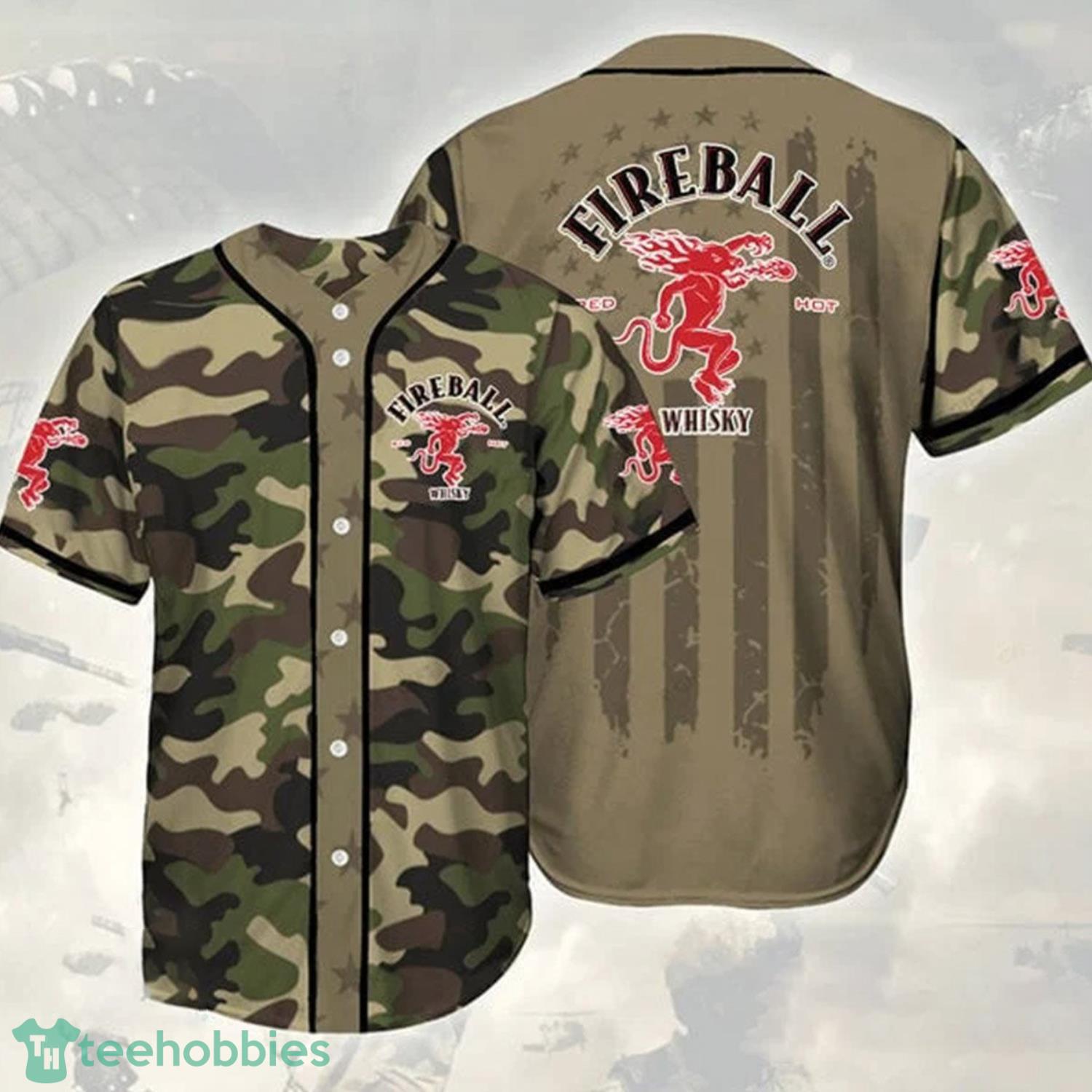 Camouflage Green Brown Fireball Cinnamon Whisky Baseball Jersey Shirt Product Photo 1