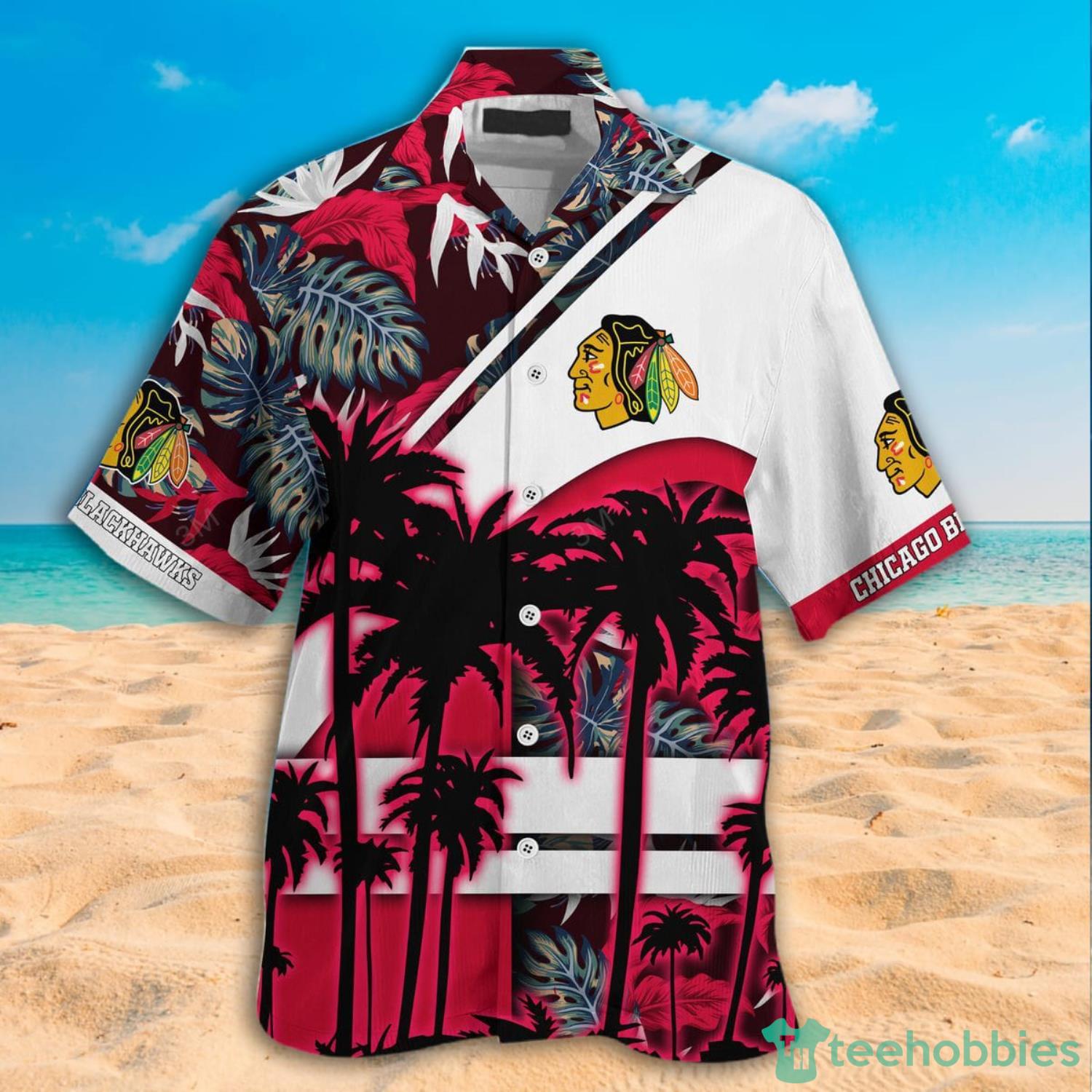 Chicago Blackhawks NHL Coconut Tree And Tropical Pattern Hawaiian Shirt And Shorts Product Photo 2 Chicago Blackhawks NHL Coconut Tree And Tropical Pattern Hawaiian Shirt And Shorts Product Photo 2