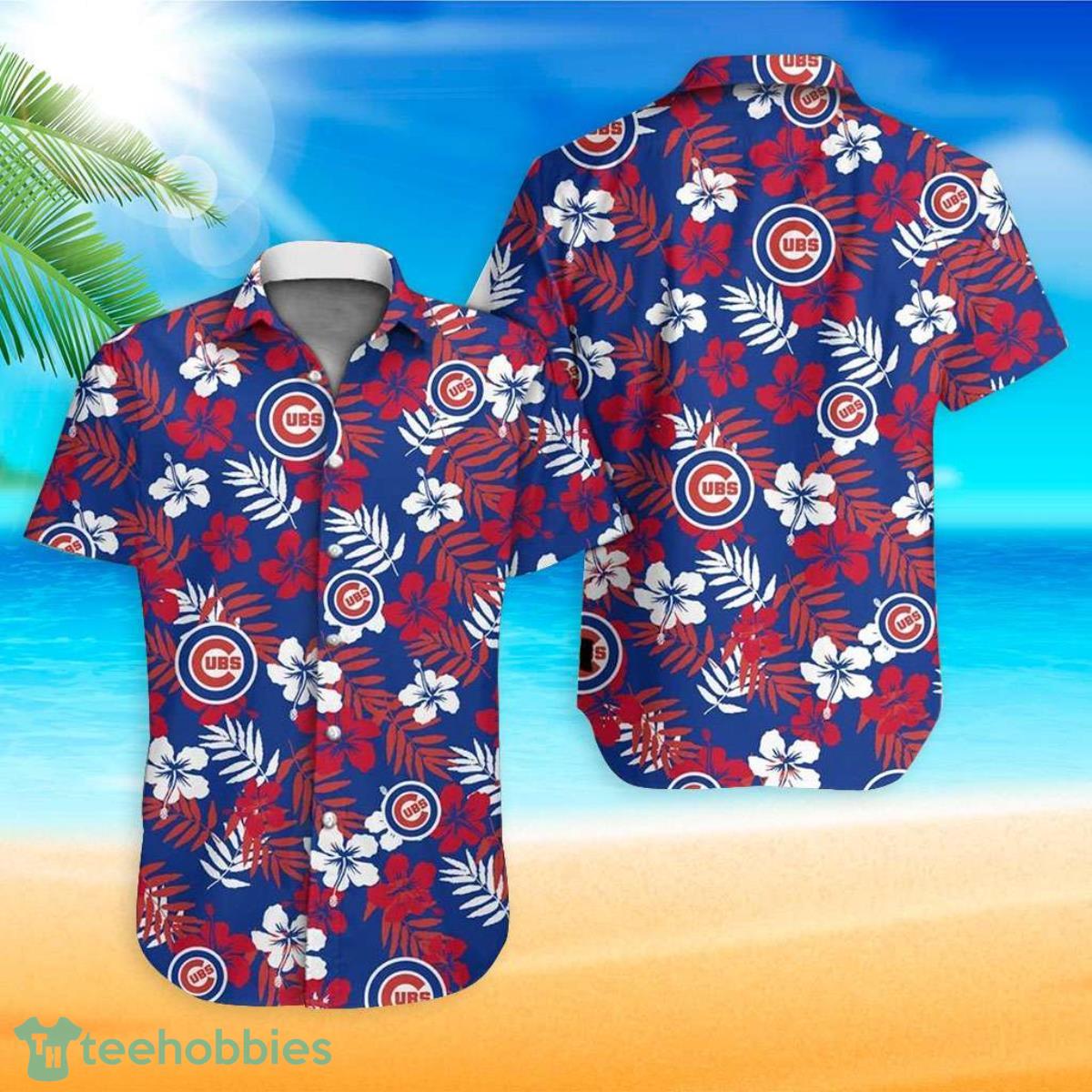 Cubs Hawaiian Shirt Chicago Cubs And Floral Leaves Hawaiian Shirt Product Photo 1