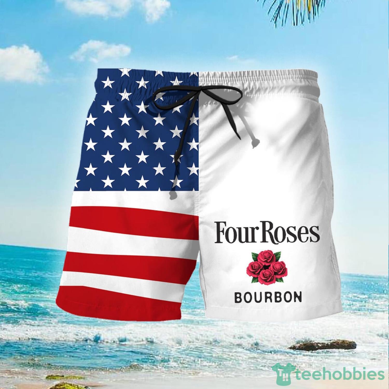 Four Roses Bourbon American Flag Hawaiian Shorts Gift For Summer Vacation Product Photo 1 Four Roses Bourbon American Flag Hawaiian Shorts Gift For Summer Vacation Product Photo 1