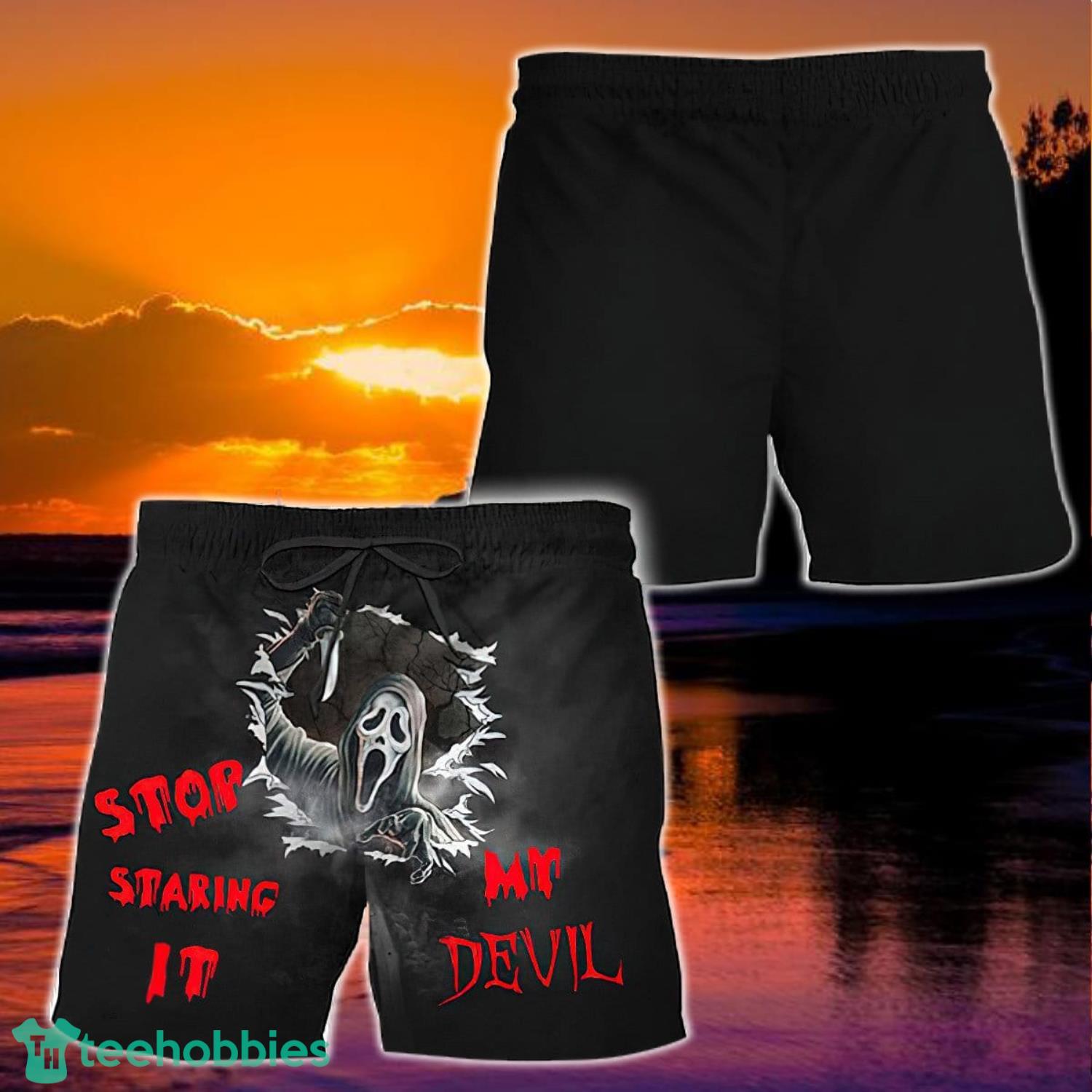 Horror Stop Staring At My Devil Hawaiian Shorts Product Photo 1 Horror Stop Staring At My Devil Hawaiian Shorts Product Photo 1