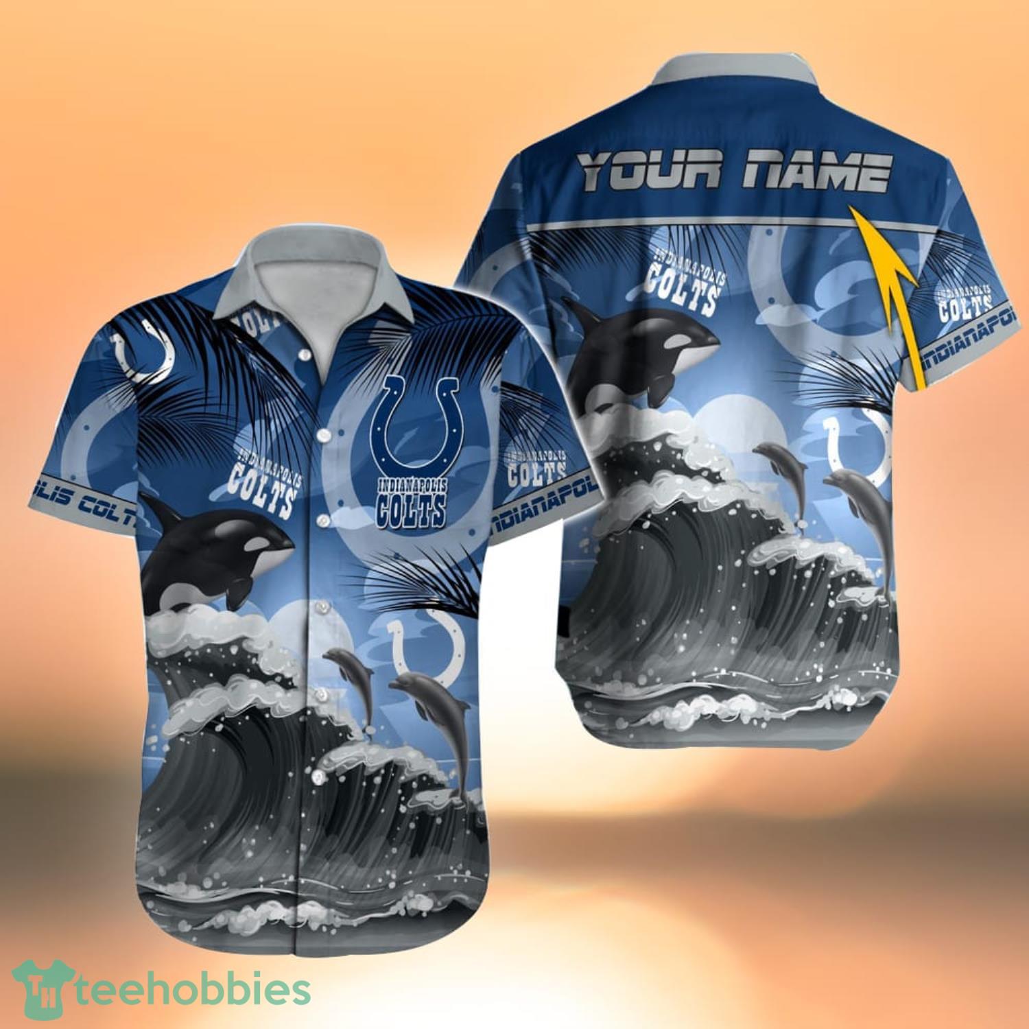 Indianapolis Colts NFL Sea Wave And Dolphin Custom Name Hawaiian Shirt For Fans Product Photo 1