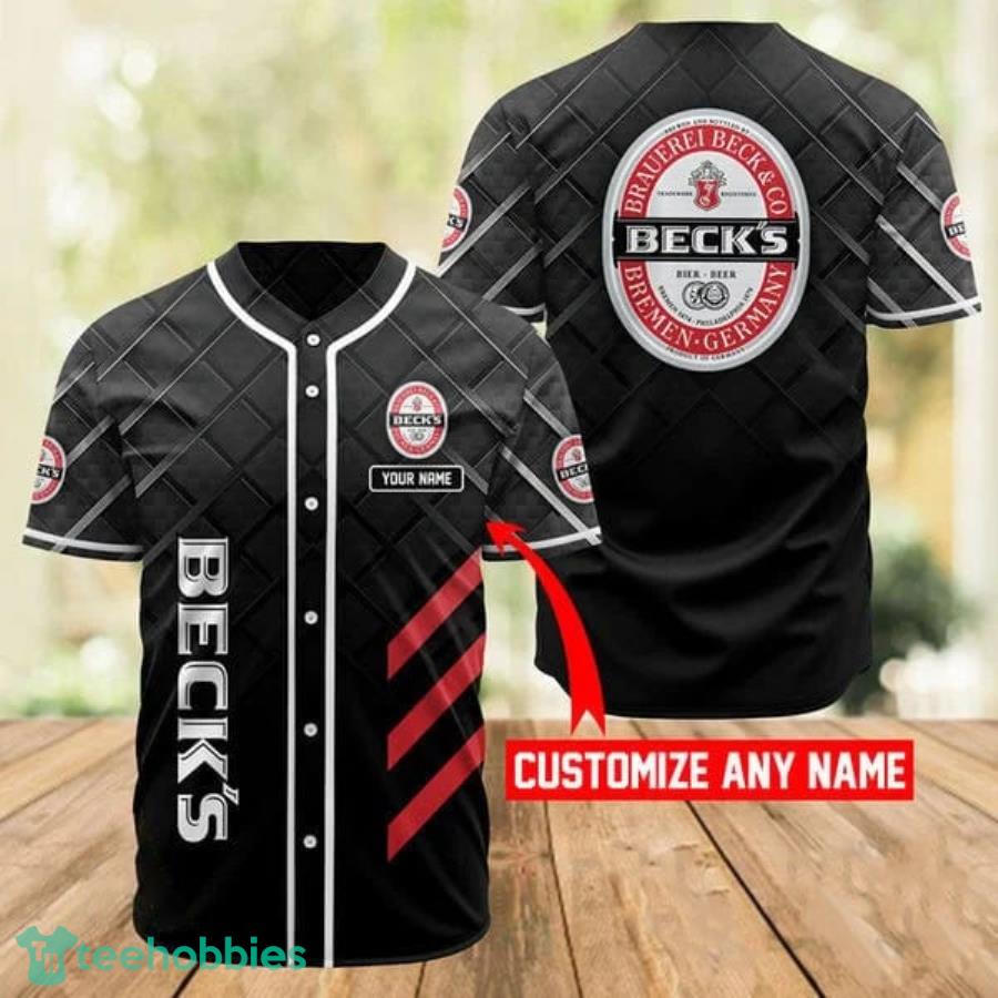 Personalized Black Beck's Beer Baseball Jersey Product Photo 1