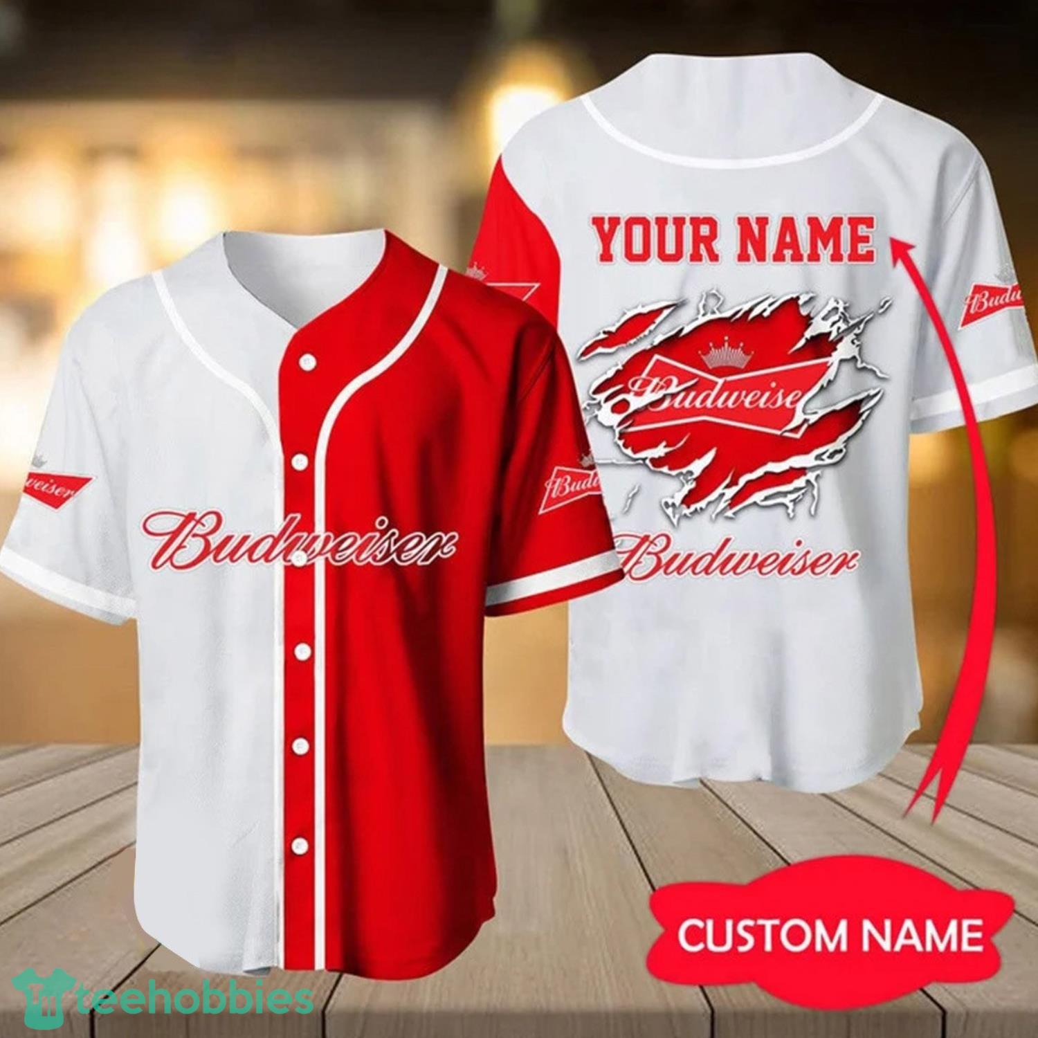 Personalized & Red Budweiser Baseball Jersey Shirt Product Photo 1