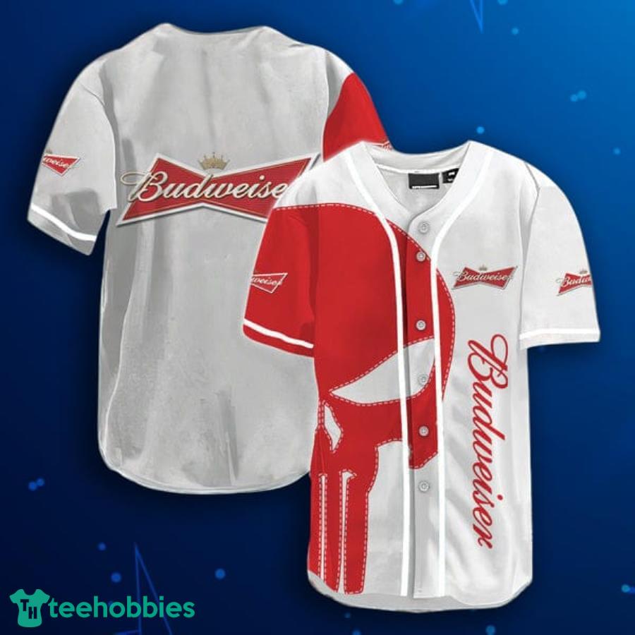 Red Skull Budweiser Beer Baseball Jersey Shirt Product Photo 1