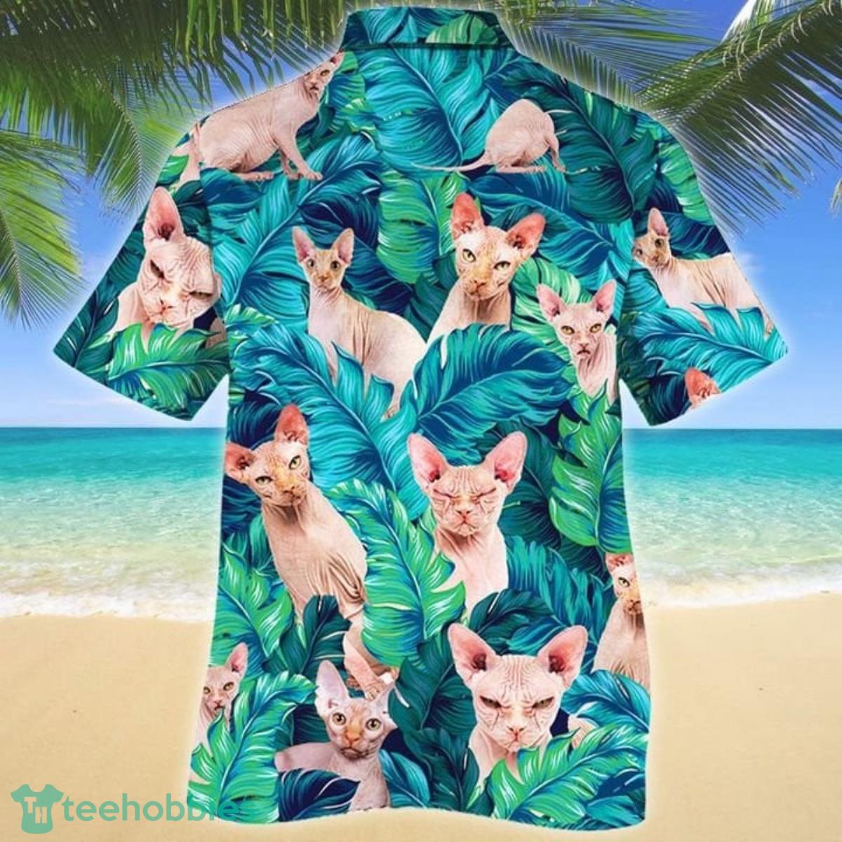 Sphynx Cat Tropical Leaves Summer Cat Hawaiian Shirt image Sphynx Cat Tropical Leaves Summer Cat Hawaiian Shirt Product Photo 2