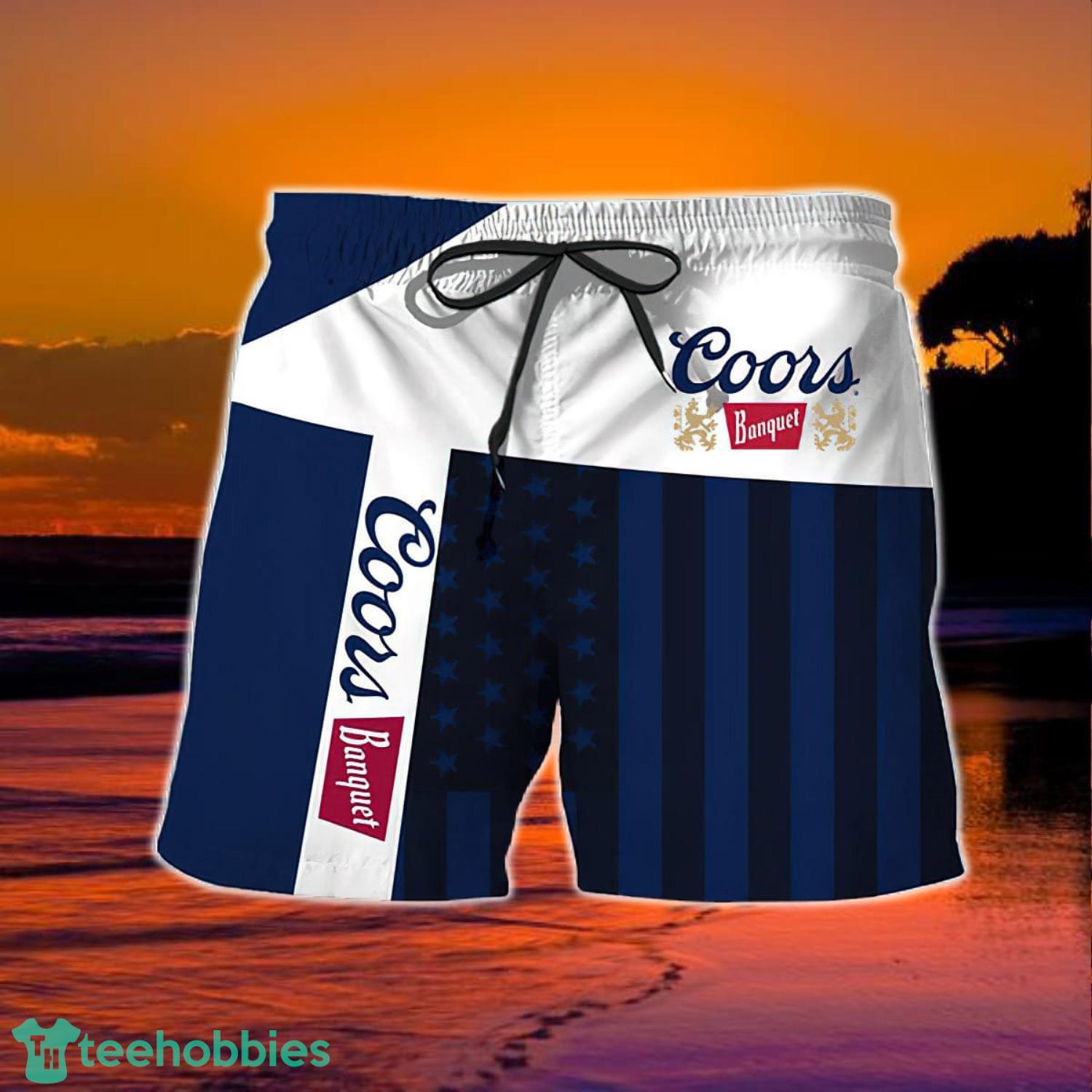 Summer American Flag Patch Coors Banquet Hawaiian Shorts Product Photo 2