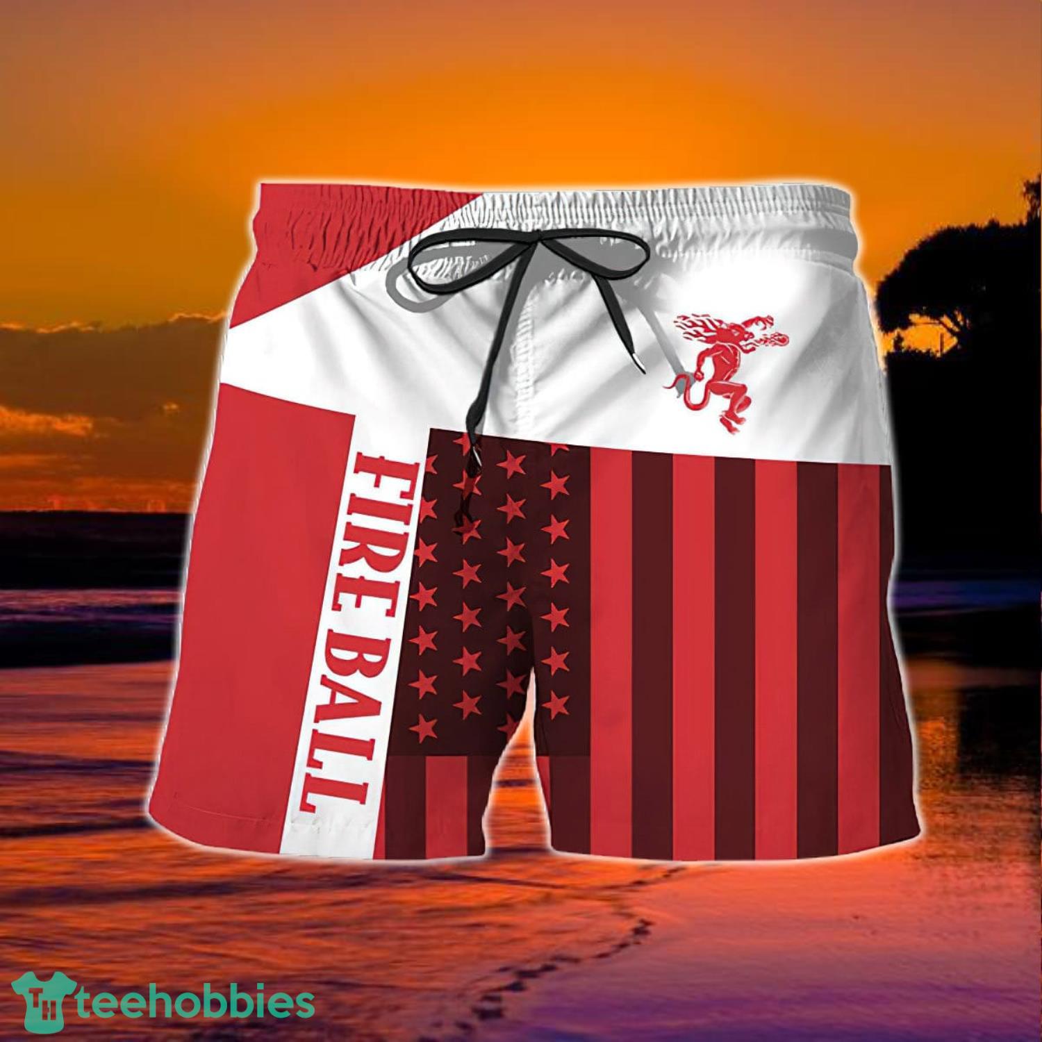 Summer American Flag Patch Fireball Whisky Hawaiian Shorts Product Photo 2