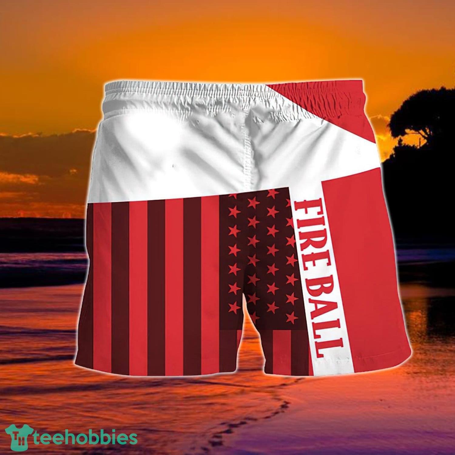 Summer American Flag Patch Fireball Whisky Hawaiian Shorts Product Photo 1