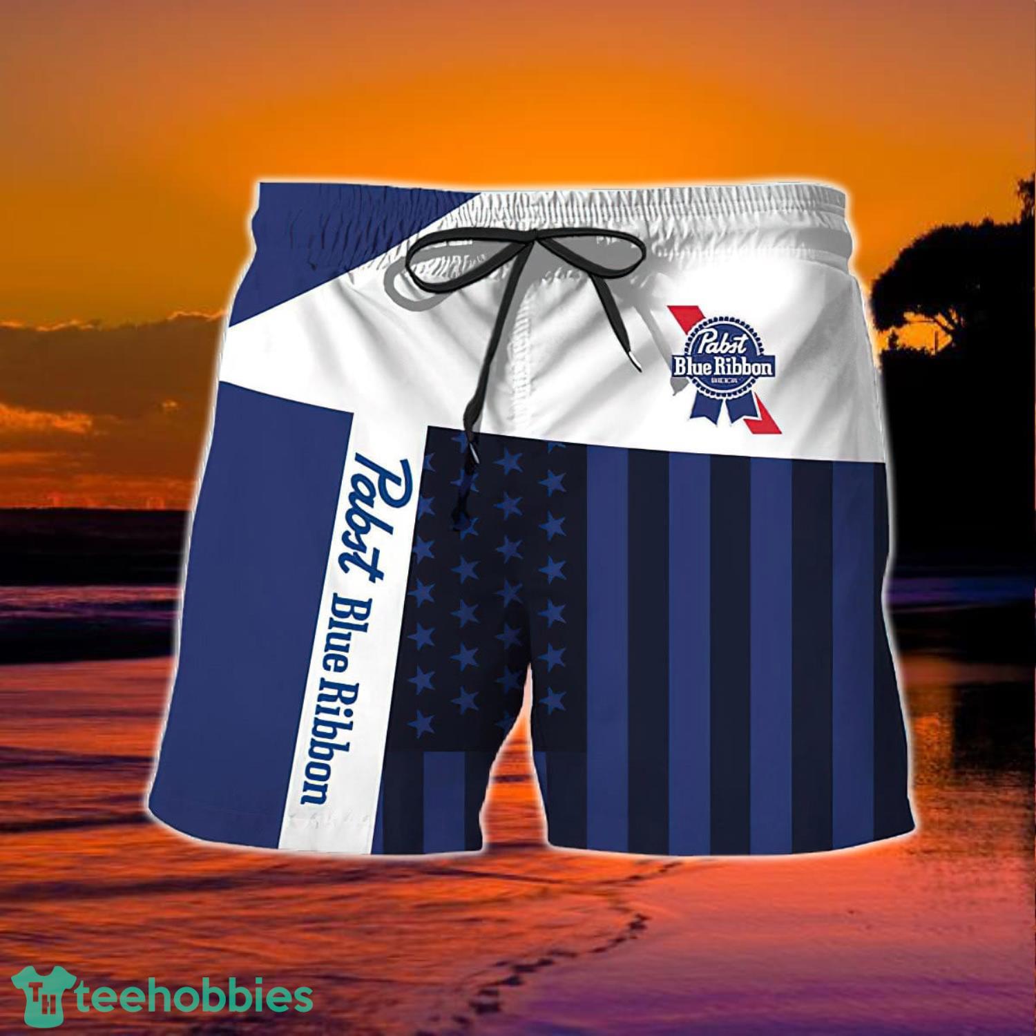 Summer American Flag Patch Pabst Blue Ribbon Hawaiian Shorts Product Photo 2