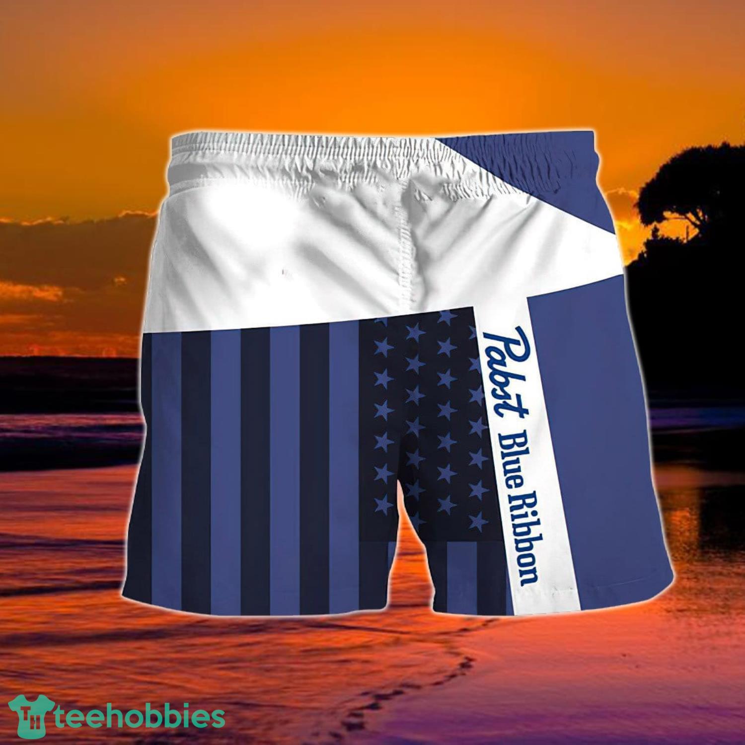 Summer American Flag Patch Pabst Blue Ribbon Hawaiian Shorts Product Photo 1