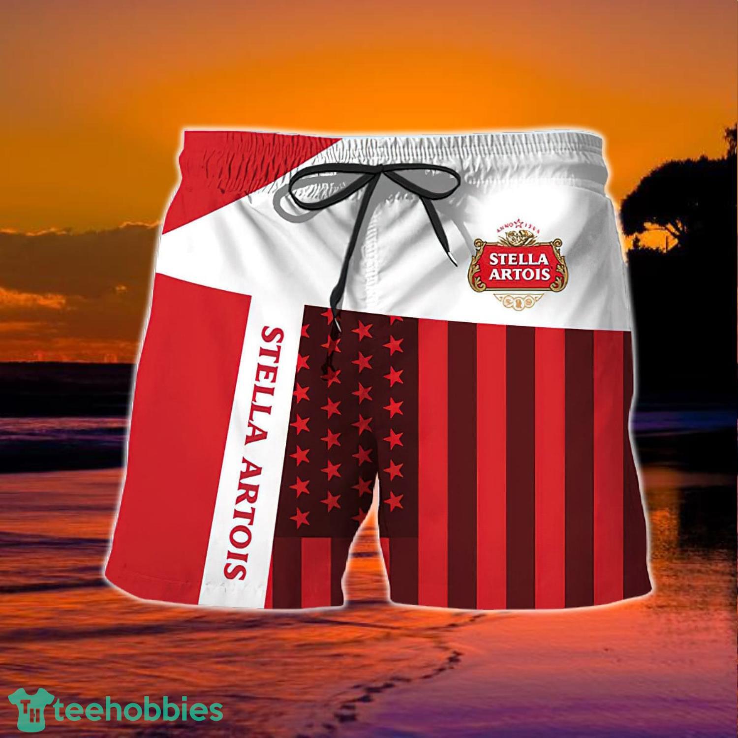 Summer American Flag Patch Stella Artois Hawaiian Shorts Product Photo 2