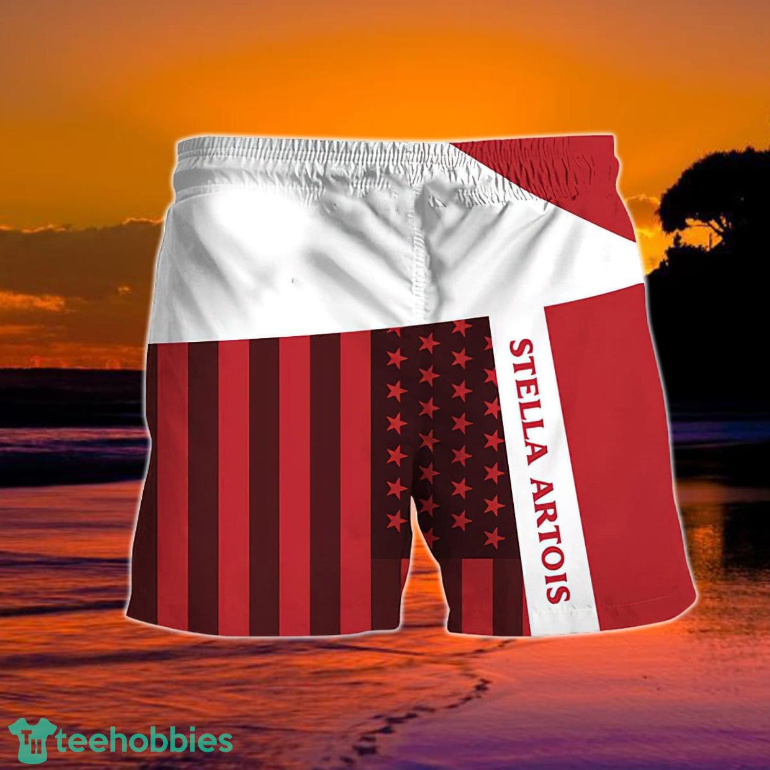 Summer American Flag Patch Stella Artois Hawaiian Shorts Product Photo 1