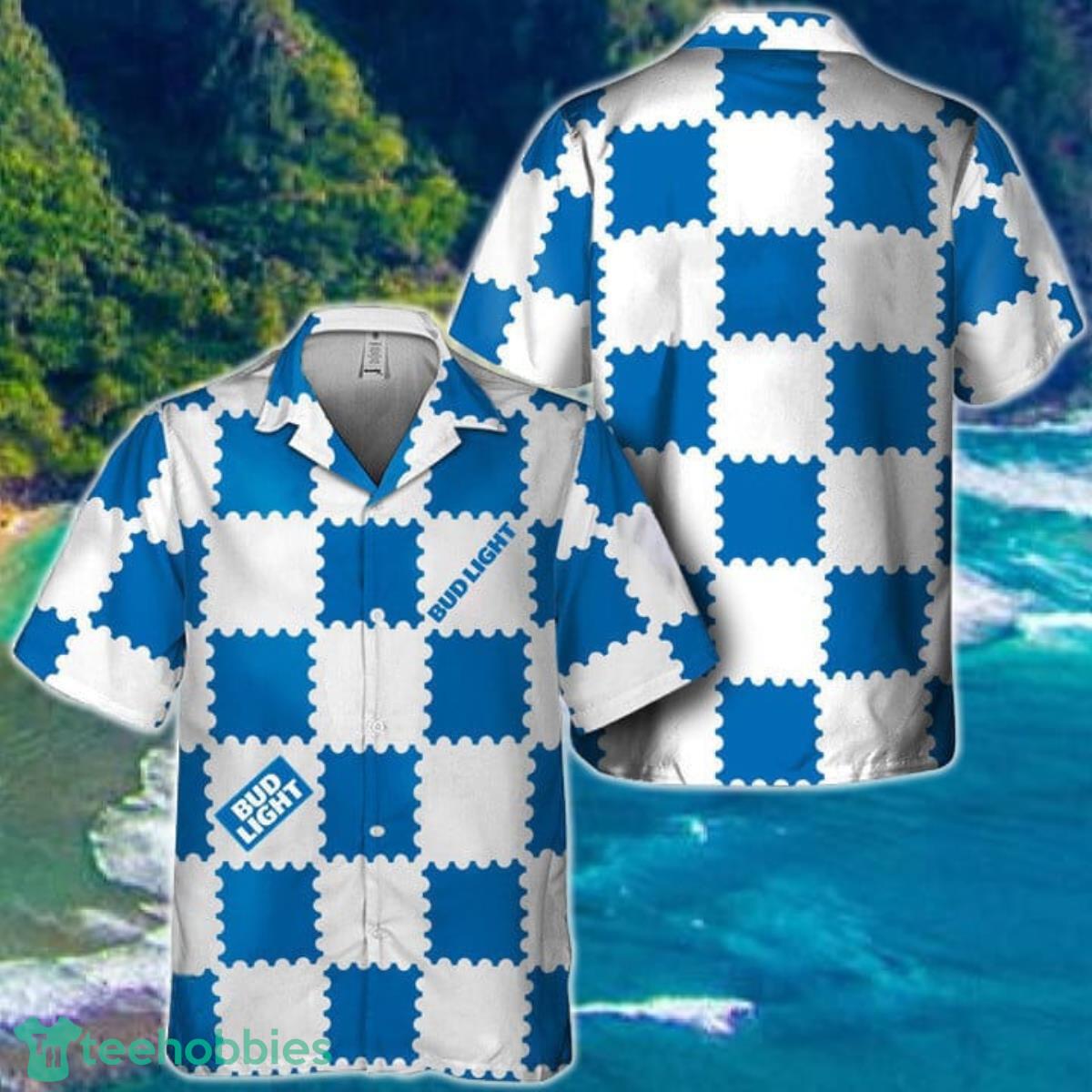 Trendy Gingham Bud Light Hawaiian Shirt Product Photo 1