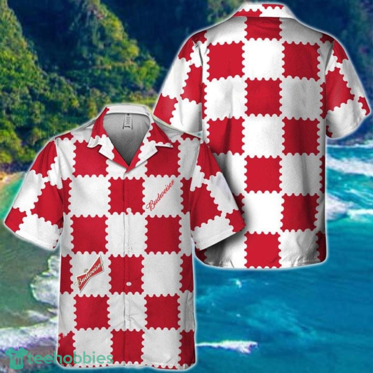 Trendy Gingham Budweiser Beer Hawaiian Shirt Product Photo 1